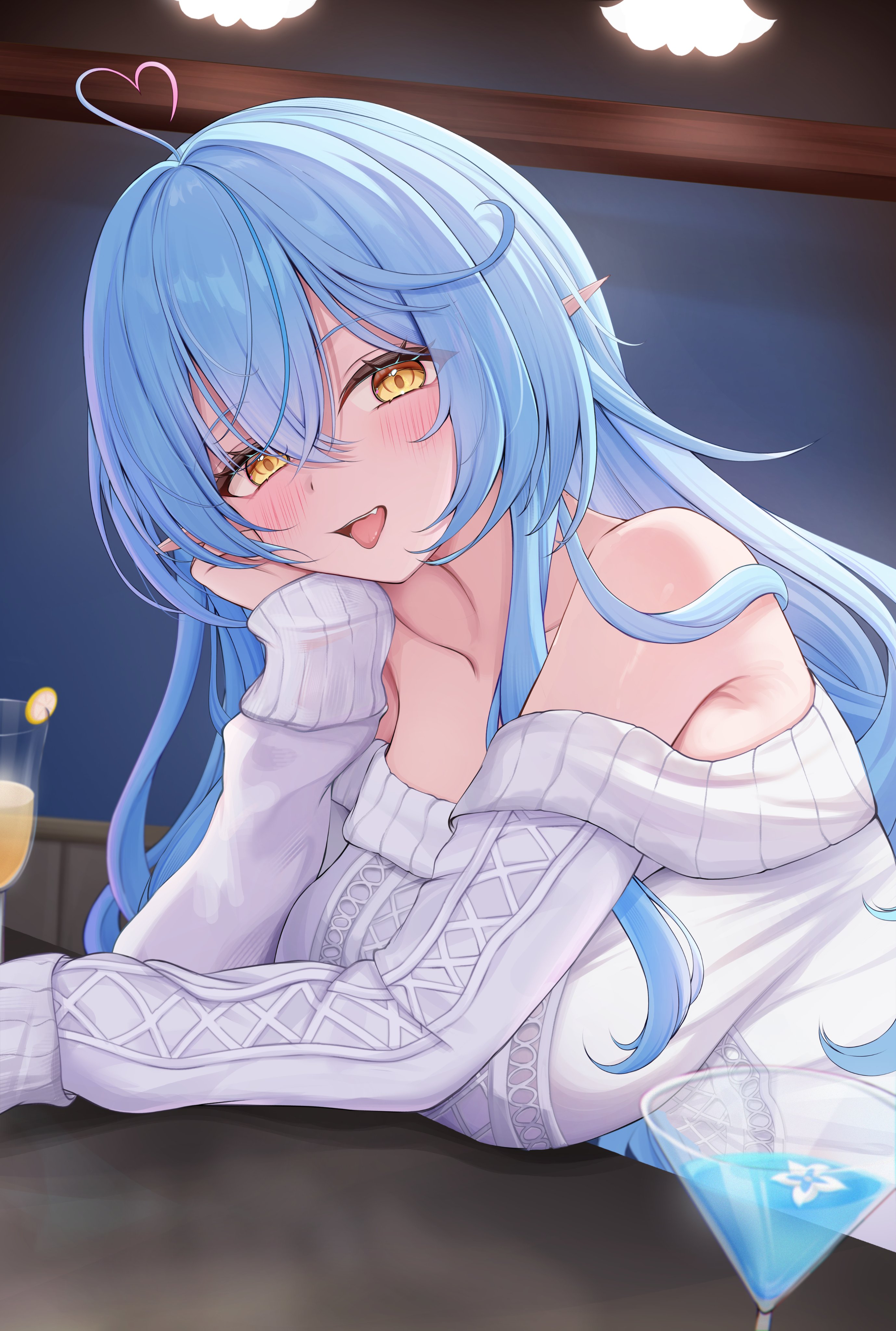 7nopi, yukihana lamy, hololive, absurdres, commentary request, highres, revision, 1girl, :d, ahoge, blue hair, breasts, cocktail glass, crossed bangs, cup, double-parted bangs, drinking glass, elf, hair between eyes, hand on own cheek, hand on own face, heart, heart ahoge, indoors, large breasts, long hair, long sidelocks, long sleeves, looking at viewer, off-shoulder sweater, off shoulder, open mouth, pointy ears, sidelocks, sleeves past wrists, smile, solo, sweater, virtual youtuber, white sweater, yellow eyes