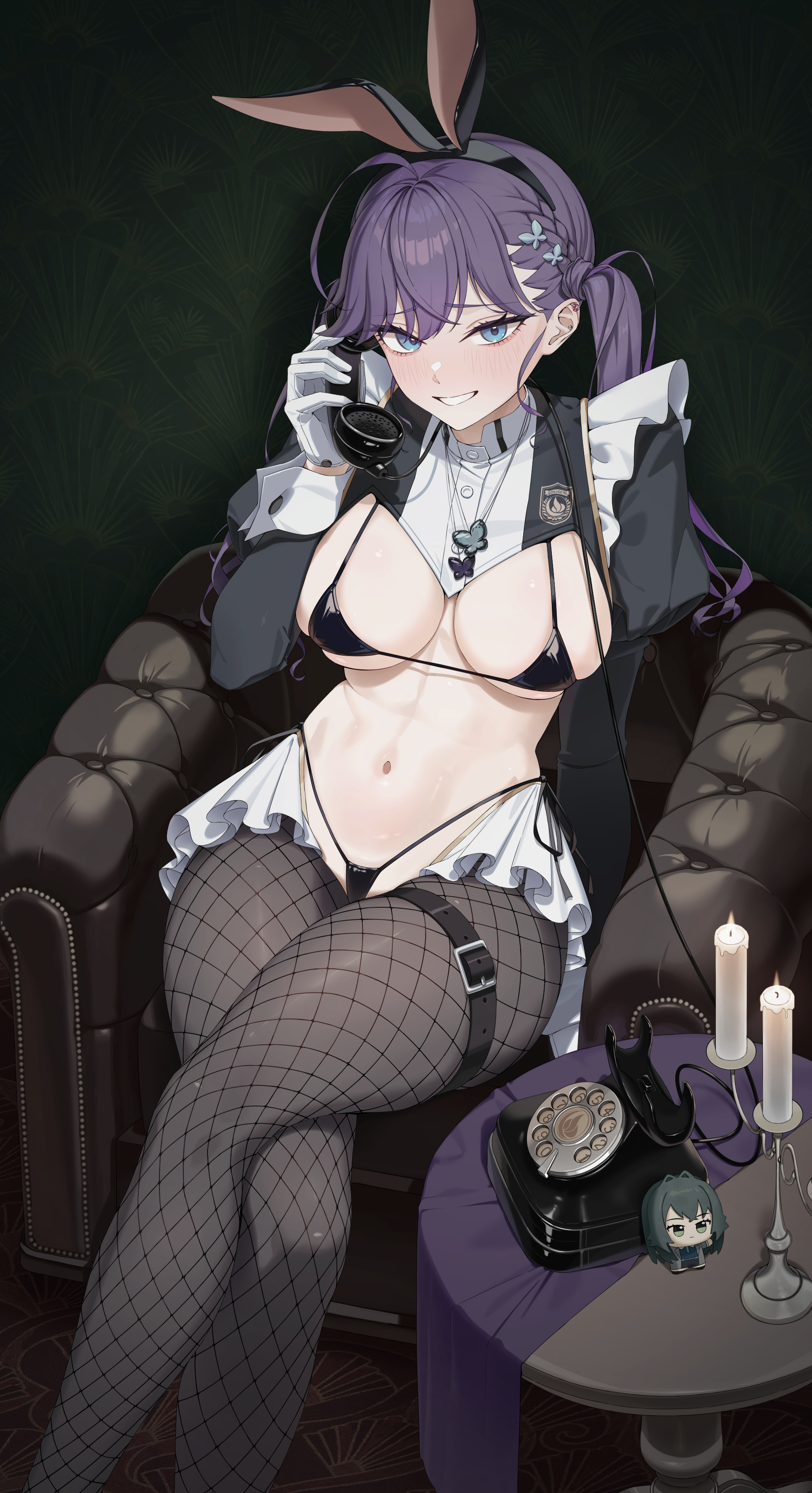 hear (kpmf4732), kaya rinha, tsukimura temari, gakuen idolmaster, idolmaster, absurdres, commentary request, highres, 1girl, ahoge, alternate costume, animal ear hairband, animal ears, antique phone, belt, bikini, black bikini, blue eyes, braid, breasts, butterfly hair ornament, butterfly necklace, candle, candlestand, chair, chibigurumi, crossed legs, fake animal ears, feet out of frame, fishnet pantyhose, fishnets, gloves, grey pantyhose, hair ornament, hairband, holding, holding phone, indoors, juliet sleeves, large breasts, long hair, long sleeves, looking at viewer, micro bikini, navel, on chair, pantyhose, phone, puffy sleeves, purple hair, rabbit ear hairband, rabbit ears, reverse bunnysuit, reverse outfit, shrug (clothing), sitting, stomach, swimsuit, thigh belt, thigh strap, twintails, white gloves