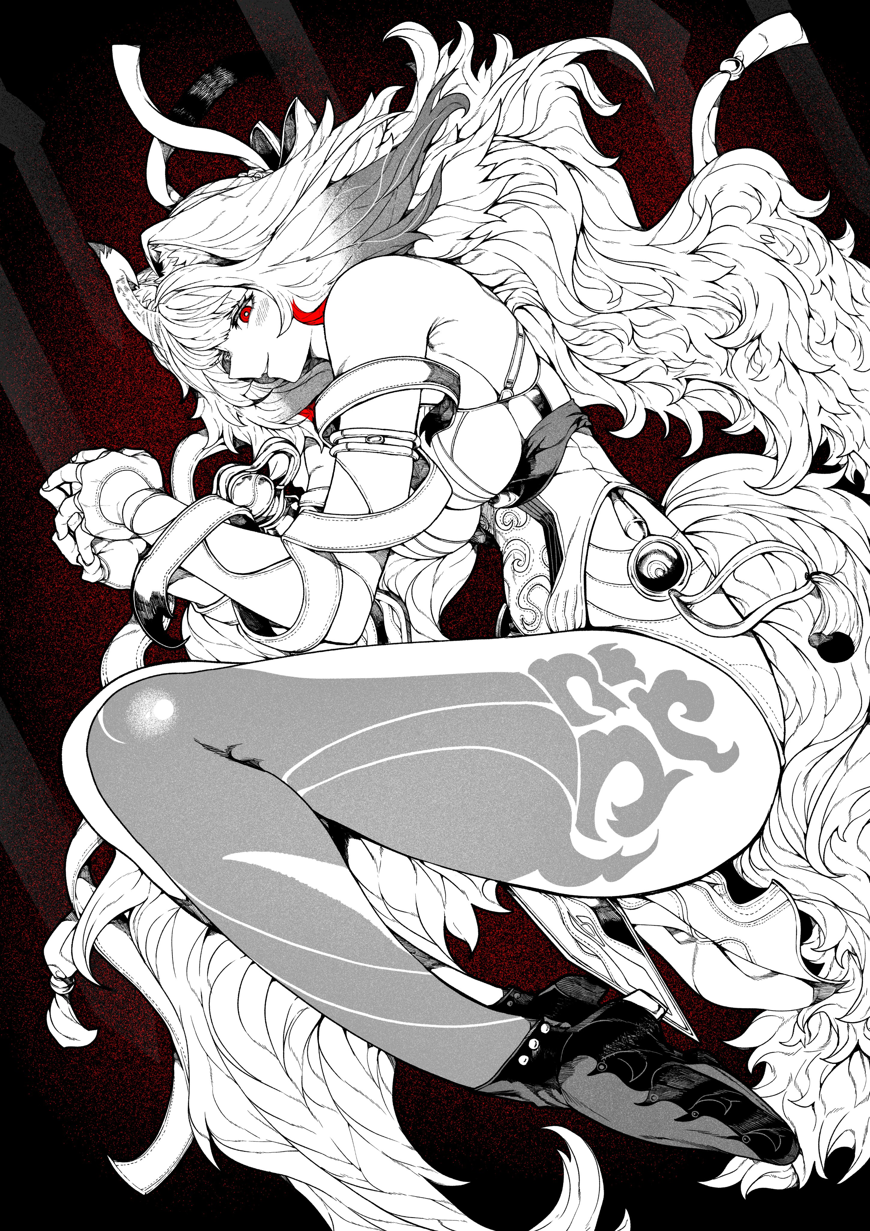 yotsumi shiro, ye shunguang, zenless zone zero, absurdres, commentary request, highres, 1girl, animal ear fluff, animal ears, bare shoulders, black shoes, blush, breasts, china dress, chinese clothes, dress, droopy ears, fetal position, from side, greyscale with colored background, leg tattoo, looking at viewer, medium breasts, monochrome, parted lips, pelvic curtain, red eyes, red hair, see-through horns, shoes, solo, spot color, tail, tattoo, white dress, white hair, white tail