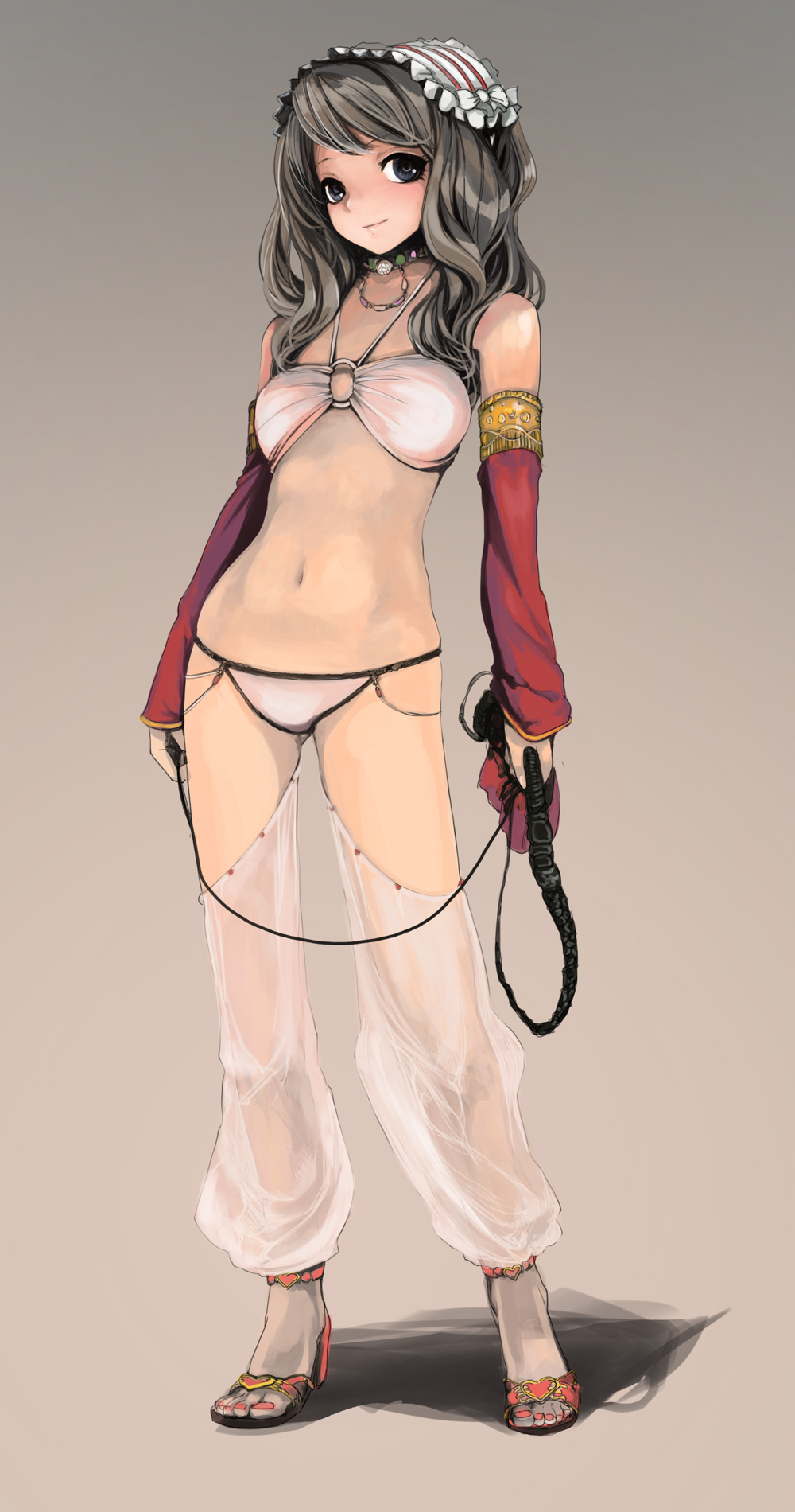 nishinogi, gypsy (ragnarok online), original, ragnarok online, highres, 1girl, bandeau, bikini, black eyes, black hair, bow, detached sleeves, exotic clothes, female focus, frills, gypsy, halterneck, harem pants, headdress, heart, jewelry, light smile, nail polish, navel, necklace, o-ring, o-ring top, pants, pink nails, sandals, see-through clothes, simple background, solo, standing, swimsuit, weapon, whip, white bikini