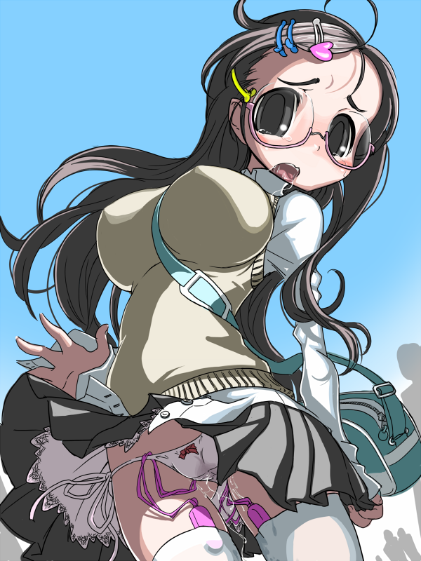 indee, original, 1girl, black eyes, black hair, blush, bow, bow panties, breasts, discreet vibrator, female focus, frills, glasses, hair ornament, hairclip, huge breasts, long hair, multiple insertions, outdoors, panties, pantyshot, pleated skirt, public indecency, pussy juice, school uniform, sex toy, side-tie panties, skirt, solo, thighhighs, underwear, upskirt, vibrator, vibrator in thighhighs, vibrator under clothes, vibrator under panties, wet, wet clothes, wet panties, white panties, white thighhighs, wind, wind lift