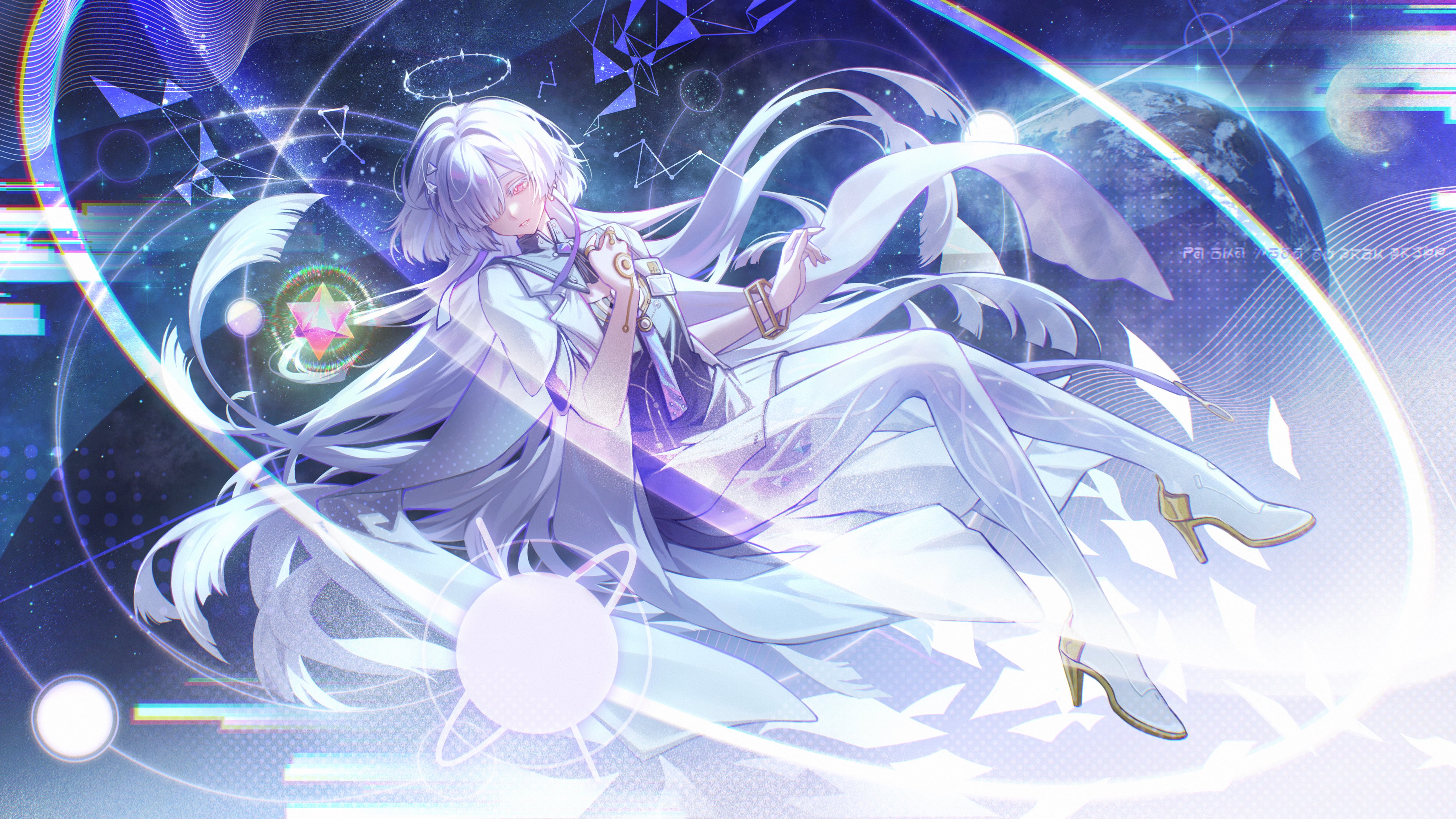 sagi (sagi 0116), mornye (wuthering waves), wuthering waves, absurdres, commentary, highres, symbol-only commentary, 1girl, breasts, chromatic aberration, colored eyelashes, dress, earrings, from side, full body, grey hair, hair ornament, hair over one eye, hair spread out, halo, hand up, high heels, id card, jacket, jewelry, long hair, parted lips, planet, purple dress, red eyes, see-through body, sky, small breasts, solo, space, star (sky), starry sky, triangle earrings, turning head, very long hair, white jacket