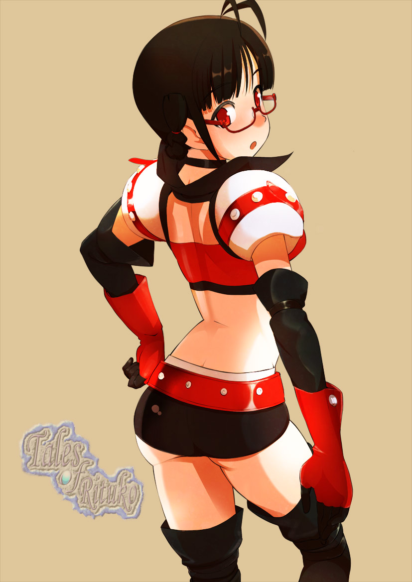 bakushiishi at, akizuki ritsuko, rutee katrea, idolmaster, idolmaster (classic), tales of (series), tales of destiny, black neckwear, 1girl, :o, antenna hair, ass, braid, breasts, brown background, brown hair, camera, cleavage, cosplay, crossover, elbow gloves, female focus, glasses, gloves, hand on own hip, look-alike, looking at viewer, looking back, medium breasts, midriff, open mouth, red eyes, rutee katrea (cosplay), semi-rimless eyewear, short shorts, shorts, simple background, single braid, solo, thighhighs, typo, under-rim eyewear