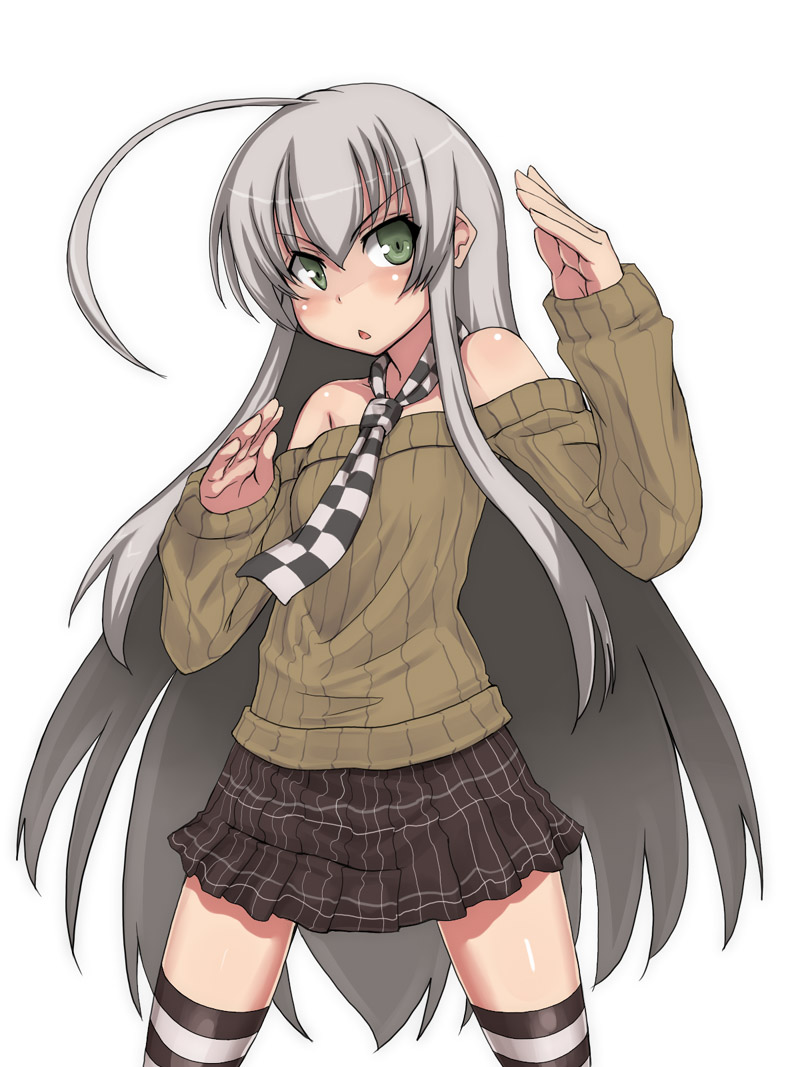 itou ryuusei, sanbi, nyarlathotep (nyaruko-san), haiyore! nyaruko-san, 1girl, :<, ahoge, bare shoulders, female focus, green eyes, grey hair, long hair, skirt, solo, striped clothes, striped thighhighs, sweater, thighhighs, very long hair, zettai ryouiki