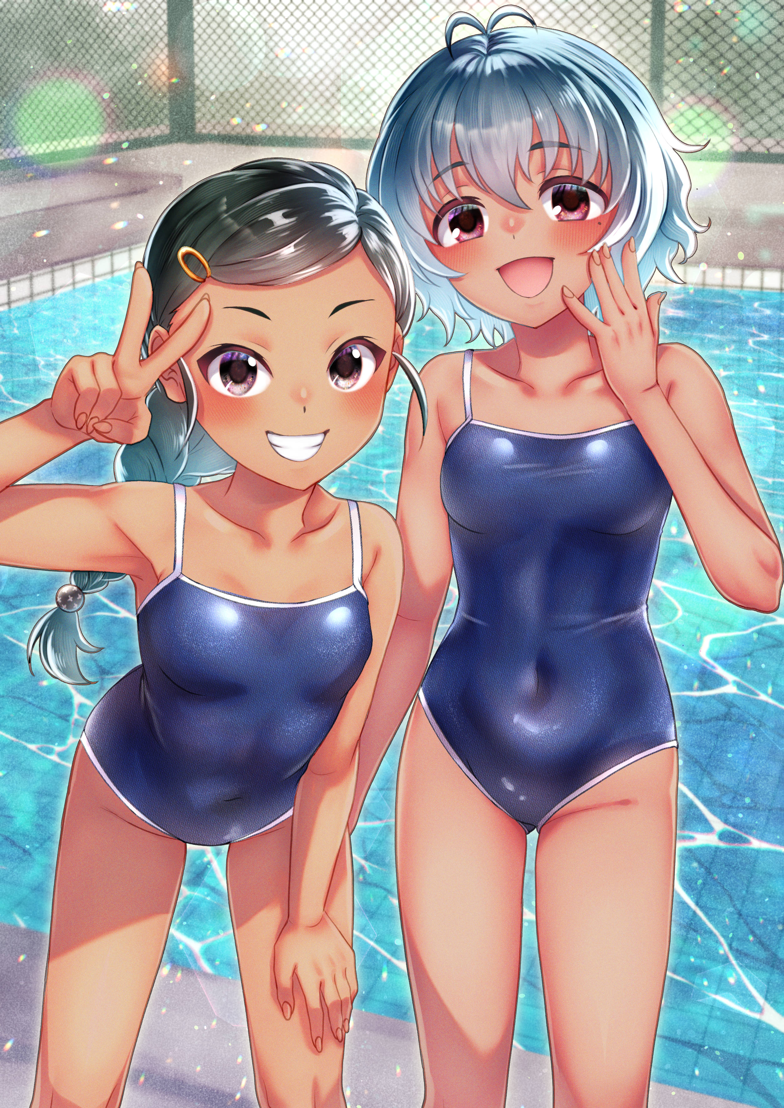 ao (yashuring), narumiya yume, shuto aoi, idolmaster, idolmaster cinderella girls, absurdres, commentary request, commission, highres, skeb commission, 2girls, antenna hair, blue one-piece swimsuit, blush, braid, breasts, brown eyes, collarbone, covered navel, dark-skinned female, dark skin, day, dot nose, grey hair, grin, hair ornament, hairclip, hand on own thigh, long hair, looking at viewer, mole, mole under eye, multiple girls, new school swimsuit, one-piece swimsuit, open mouth, outdoors, parted bangs, poolside, school swimsuit, short hair, sidelocks, single braid, small breasts, smile, standing, sunlight, swimsuit, tan, tareme, teeth, v, water, wavy hair