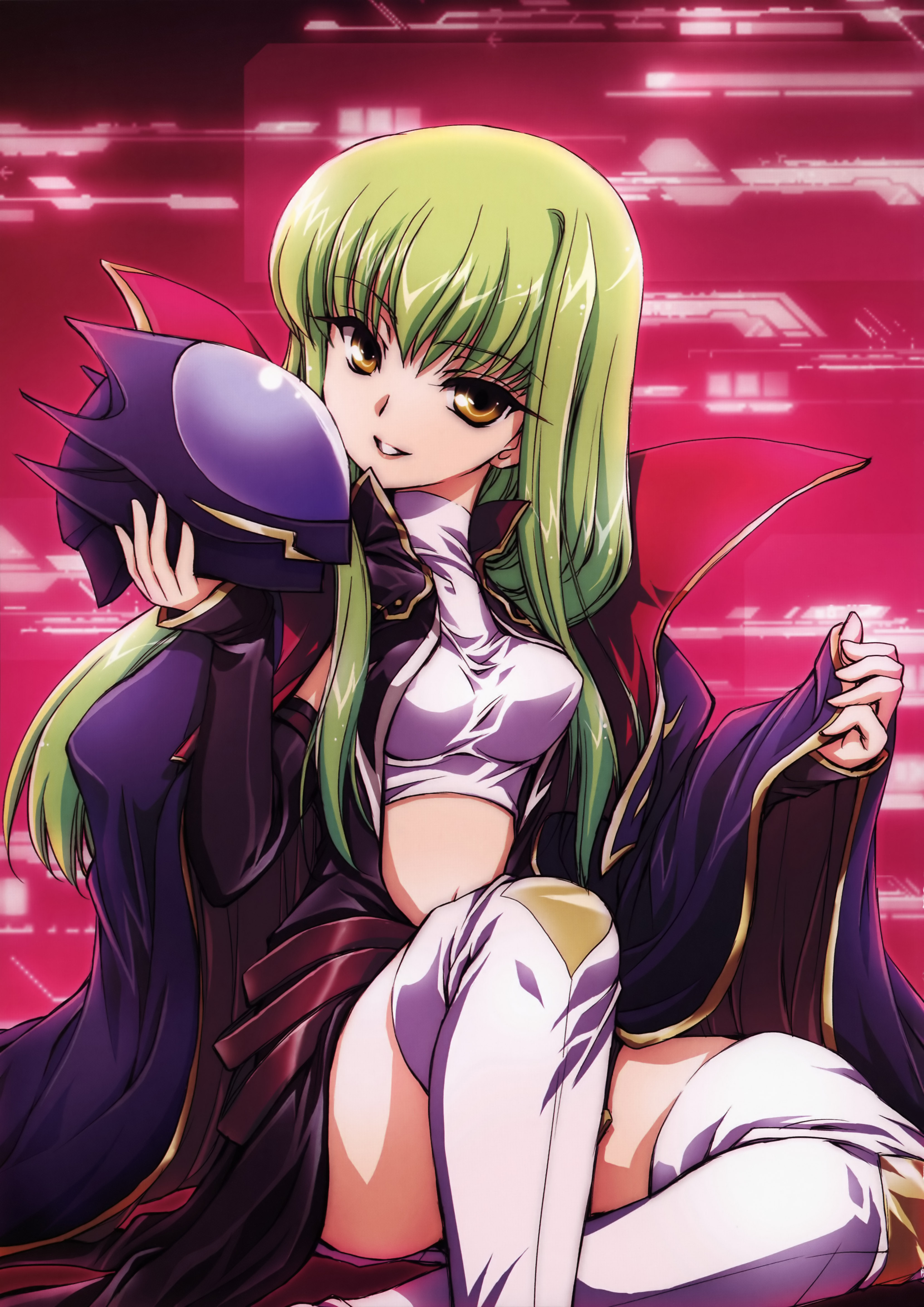 fujieda miyabi, c.c., zero (code geass), code geass, absurdres, highres, 1girl, boots, breasts, chibi, cosplay, female focus, green hair, helmet, high boots, long hair, pink background, solo, thigh boots, thighhighs, white boots, white thighhighs, yellow eyes