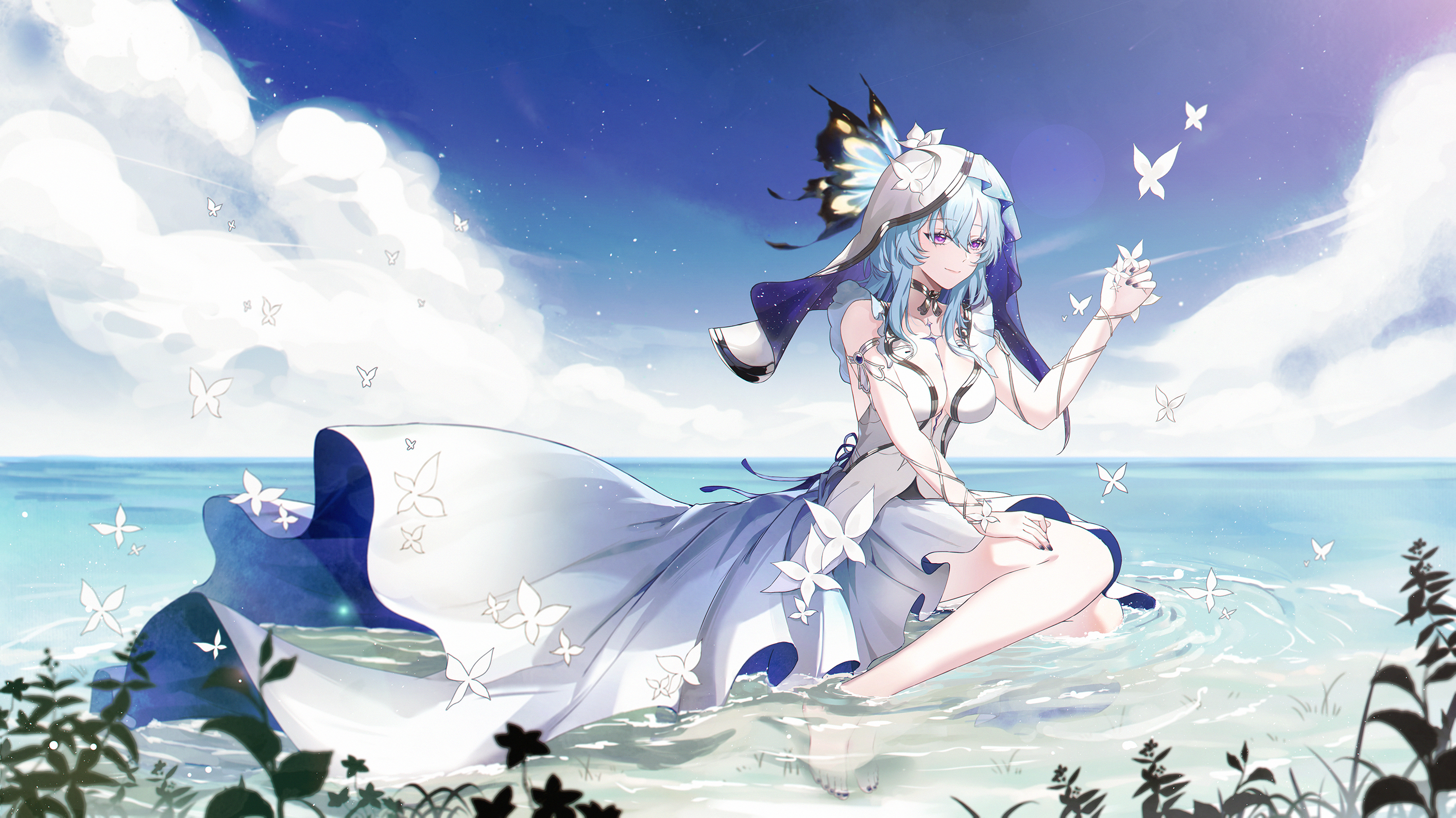 liangji uu, shorekeeper (wuthering waves), wuthering waves, chinese commentary, commentary request, highres, 1girl, bare shoulders, barefoot, black hair, blue butterfly, blue hair, blue sky, breasts, bug, butterfly, butterfly hair ornament, butterfly on hand, cleavage, closed mouth, cloud, day, dress, flower, full body, hair flower, hair ornament, insect, lake, long hair, looking at viewer, ocean, outdoors, plant, purple eyes, sitting, sky, sleeveless, sleeveless dress, smile, solo, veil, water, white butterfly, white dress, white flower