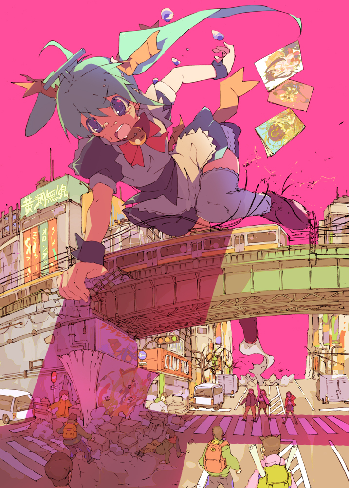 kitano yuusuke, melon-chan, melonbooks, 1girl, blue eyes, bow, bridge, city, female focus, giant, giantess, green hair, hair ribbon, jumping, long hair, maid, open mouth, ribbon, solo, thighhighs, tripping, twintails, wrist cuffs, yellow bow