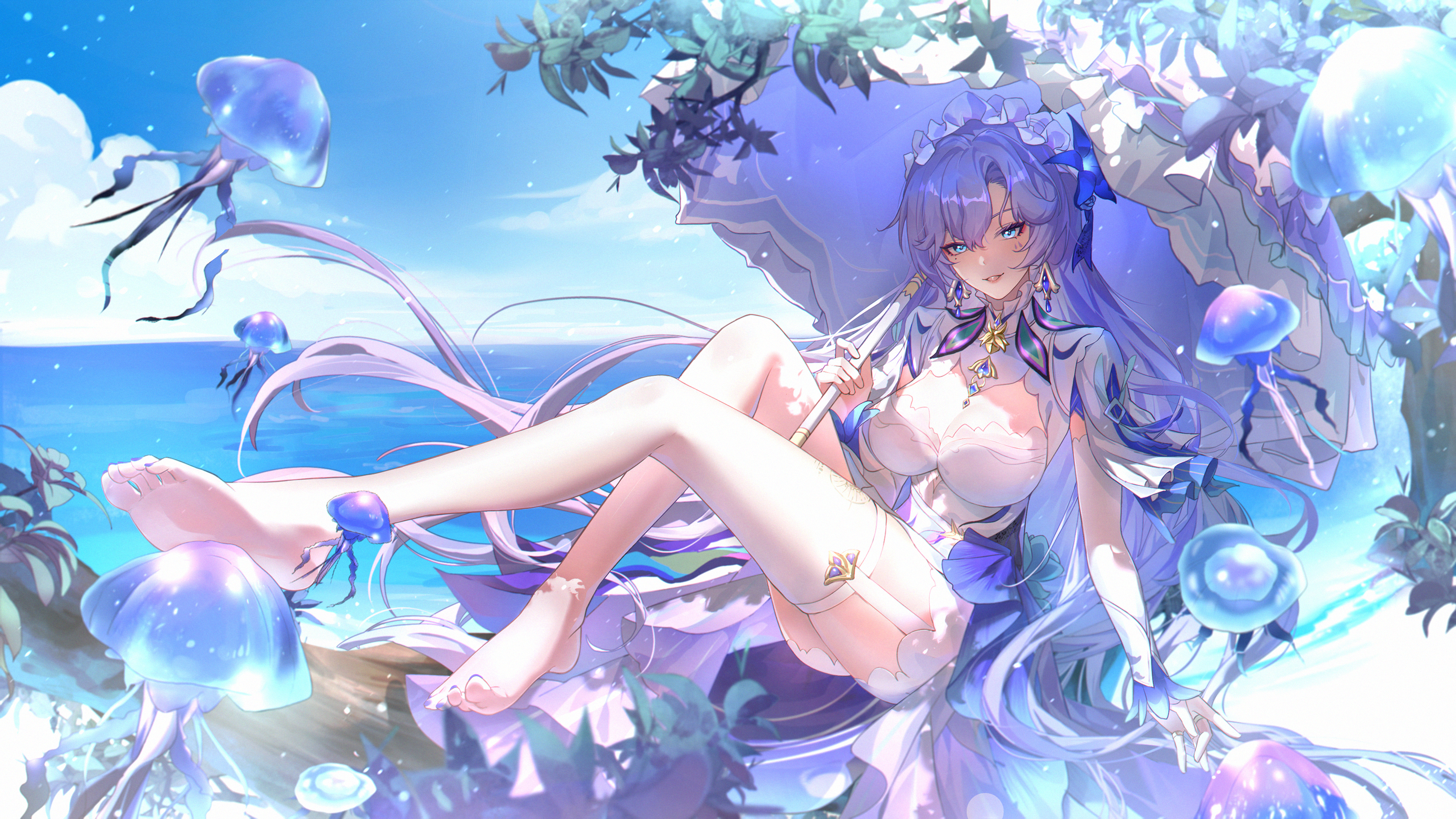 liangji uu, cantarella (wuthering waves), wuthering waves, chinese commentary, commentary request, highres, 1girl, anklet, barefoot, blue eyes, blue flower, blue hair, blue sky, breasts, bridal gauntlets, cleavage, cloud, day, dress, earrings, facial tattoo, feet, flower, full body, garter straps, gloves, hair ornament, holding, holding umbrella, jellyfish, jewelry, large breasts, legs, long hair, looking at viewer, mole, mole under eye, ocean, outdoors, pillar, purple hair, sitting, sky, smile, soles, solo, tattoo, thighhighs, toes, umbrella, very long hair, water, white dress, white thighhighs