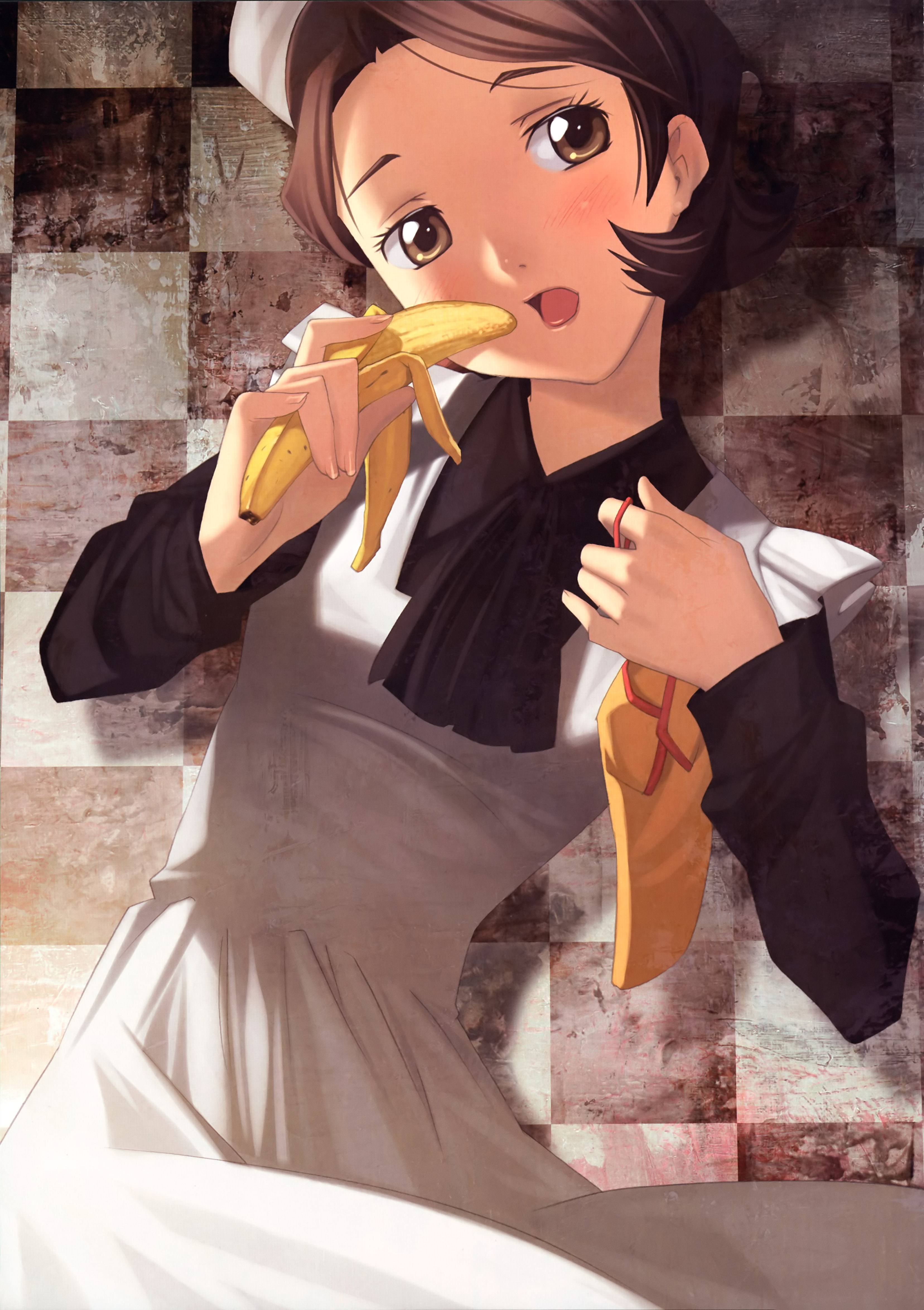 ogata kouji, shinozaki sayoko, code geass, absurdres, highres, 1girl, banana, blush, checkered background, female focus, fingernails, food, fruit, hat, head tilt, holding, holding food, holding fruit, maid, sexually suggestive, solo, white hat