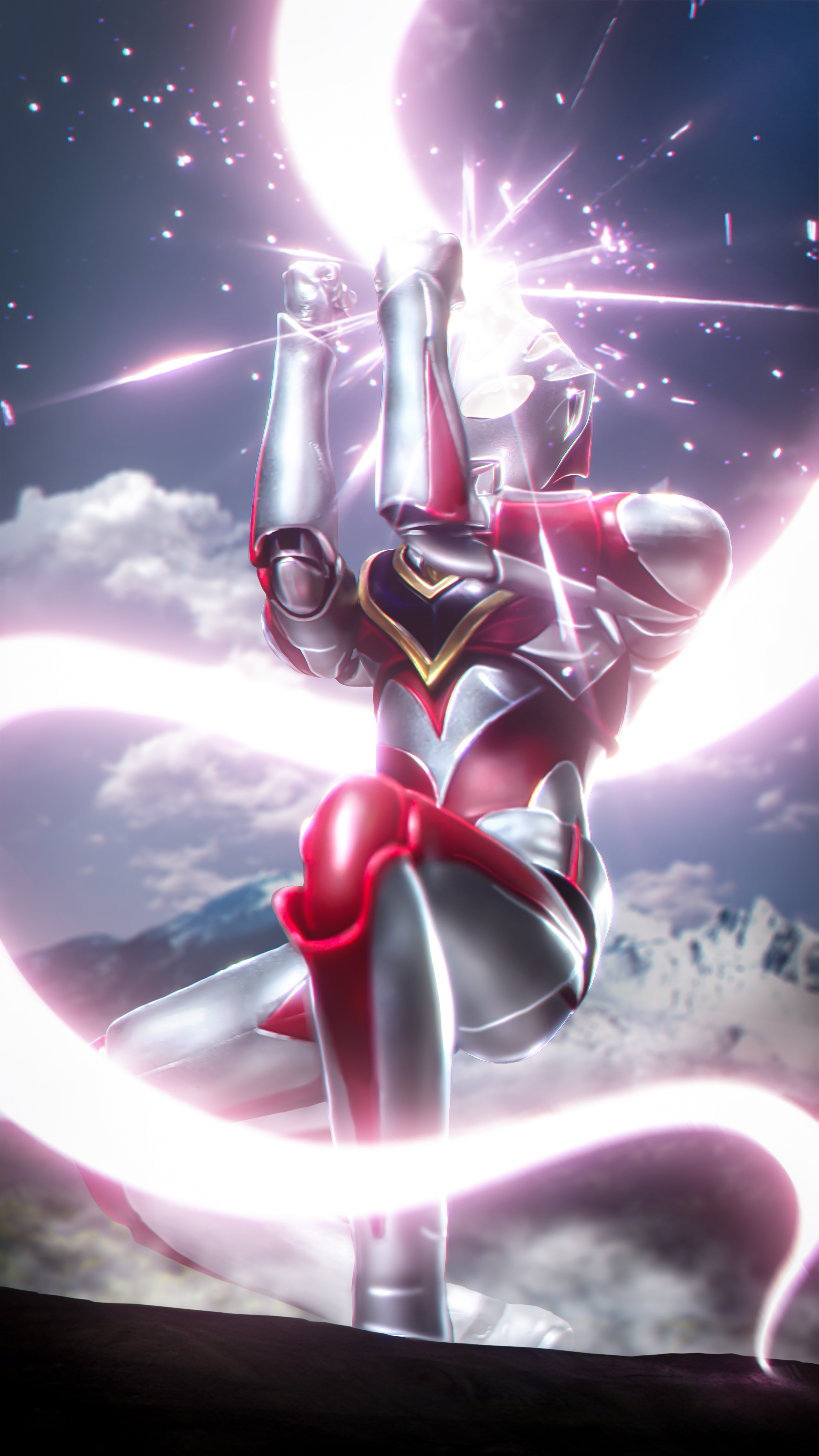 love894anon, ultraman gaia, sh figuarts, tokusatsu, ultra series, ultraman gaia (series), absurdres, commentary, highres, photo (medium), 1boy, alien, armor, blue sky, breastplate, clenched hands, color timer, colored skin, compound eyes, day, dorsal fin, dust cloud, energy beam, figure (medium), giant, giant male, glowing, glowing eyes, gold trim, hands up, light particles, looking down, male focus, mountainous horizon, multicolored skin, no pupils, on one knee, outdoors, pectorals, powering up, red skin, silver skin, sky, solo, toned, toned male, white eyes, wrinkled skin