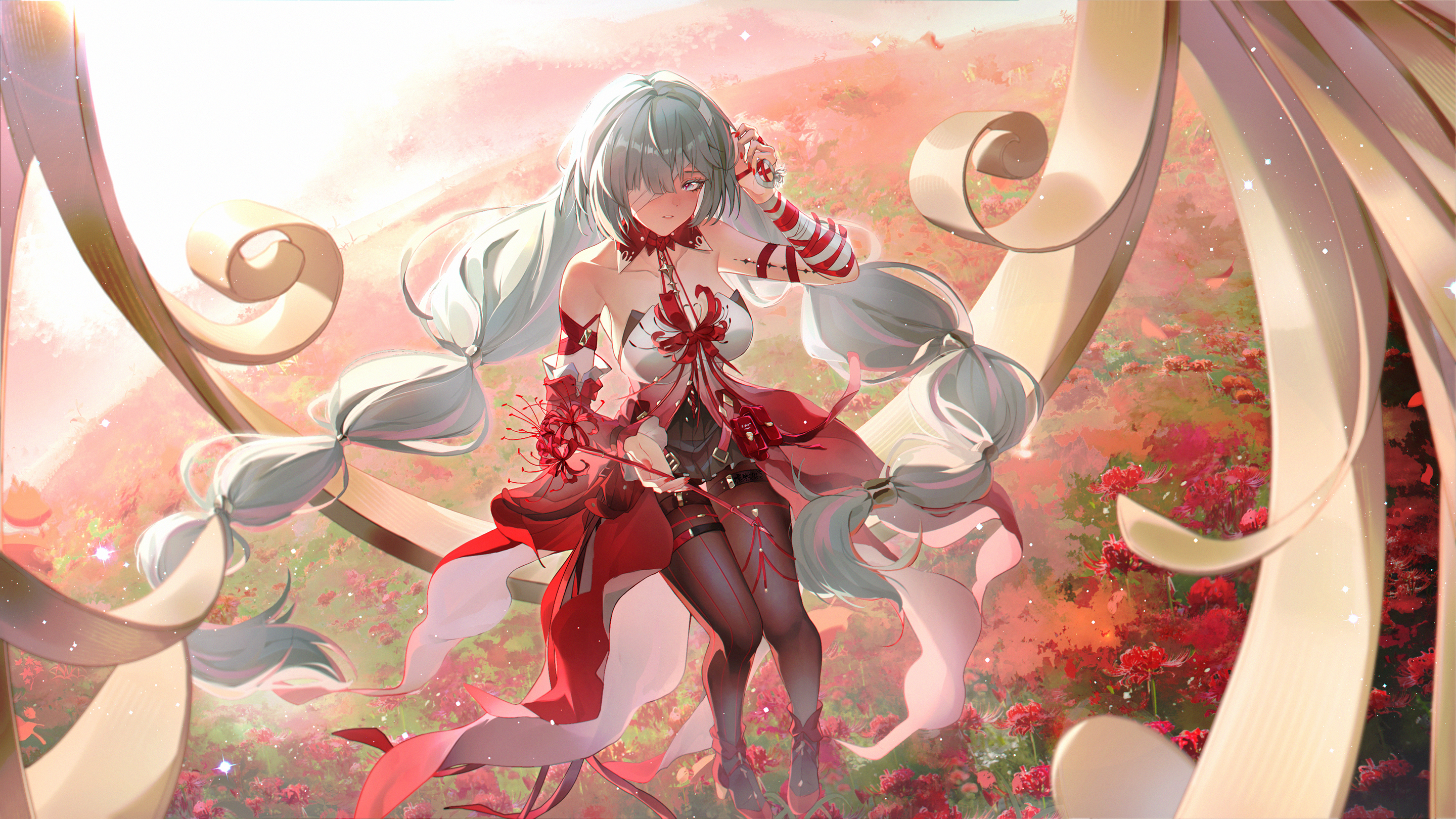 liangji uu, phrolova (wuthering waves), wuthering waves, chinese commentary, commentary request, highres, 1girl, bare shoulders, black pantyhose, blue eyes, braid, breasts, closed mouth, dress, field, flower, flower field, full body, green eyes, green hair, hair over one eye, long hair, looking at viewer, low-braided long hair, low-tied long hair, low twintails, nail polish, outdoors, pantyhose, red flower, red nails, smile, solo, spider lily, twintails, very long hair