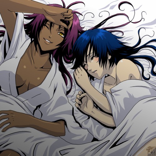 shihouin yoruichi, sui-feng, bleach, lowres, 2girls, aftersex, bed, blue hair, blush, breasts, cleavage, closed eyes, dark-skinned female, dark skin, female focus, long hair, lying, medium breasts, multiple girls, nude, purple hair, sleeping, wink, yellow eyes, yuri