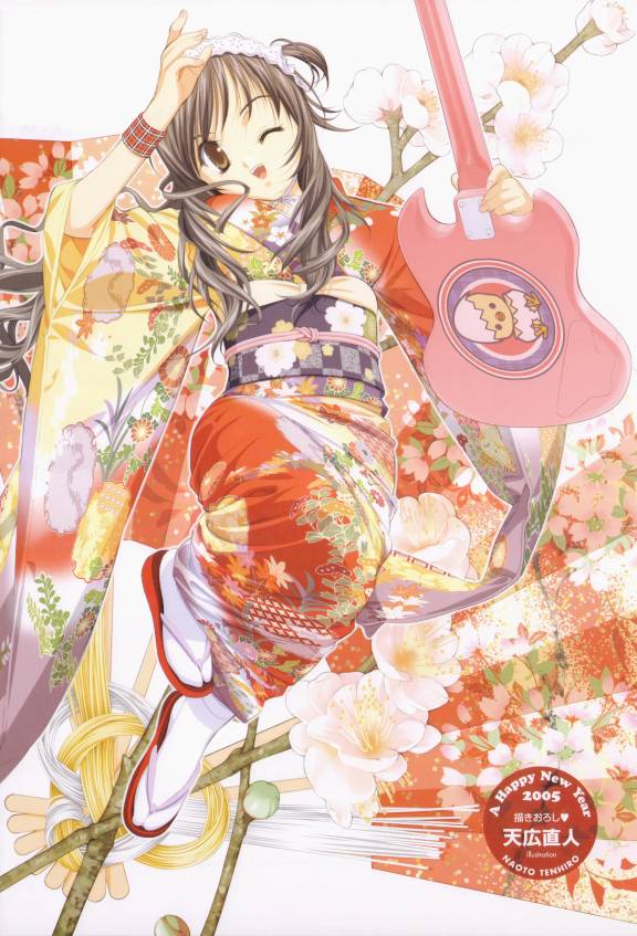 tenhiro naoto, white legwear, jpeg artifacts, 00s, 1girl, 2005, ;d, arm up, artist name, black hair, brown eyes, cherry blossoms, chinese zodiac, female focus, floral background, floral print, flower, folding fan, full body, furisode, guitar, hairband, hand fan, happy new year, head tilt, instrument, japanese clothes, kimono, lolita hairband, long hair, looking at viewer, new year, obi, one eye closed, open mouth, outline, sandals, sash, smile, solo, tabi, wink, wristband, year of the rooster