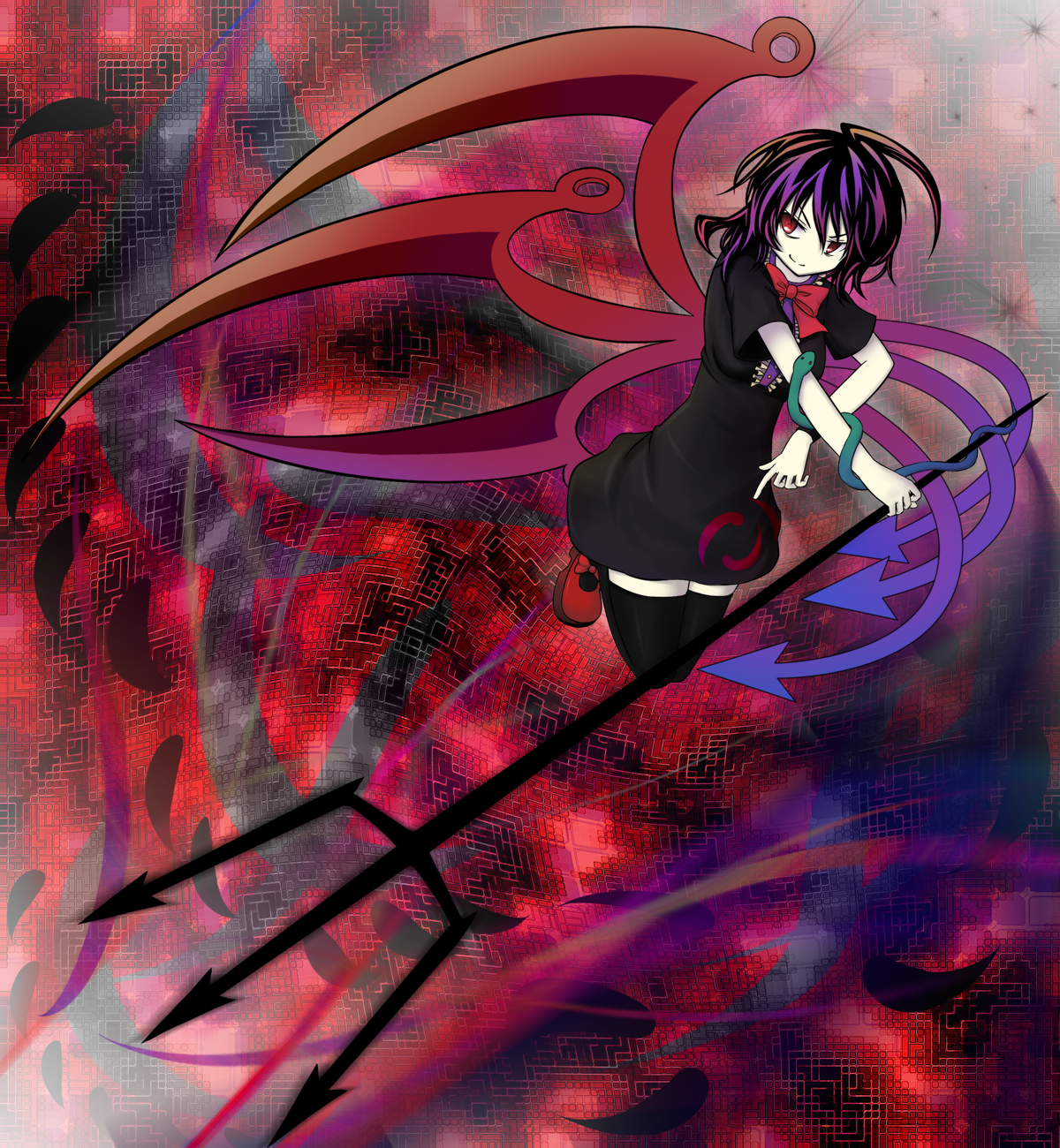 yagi (sinnsyou), houjuu nue, touhou, bad id, bad pixiv id, highres, 1girl, ahoge, black hair, black thighhighs, bow, dress, female focus, full body, polearm, red eyes, shoes, snake, solo, spear, thighhighs, trident, weapon, wings, zettai ryouiki