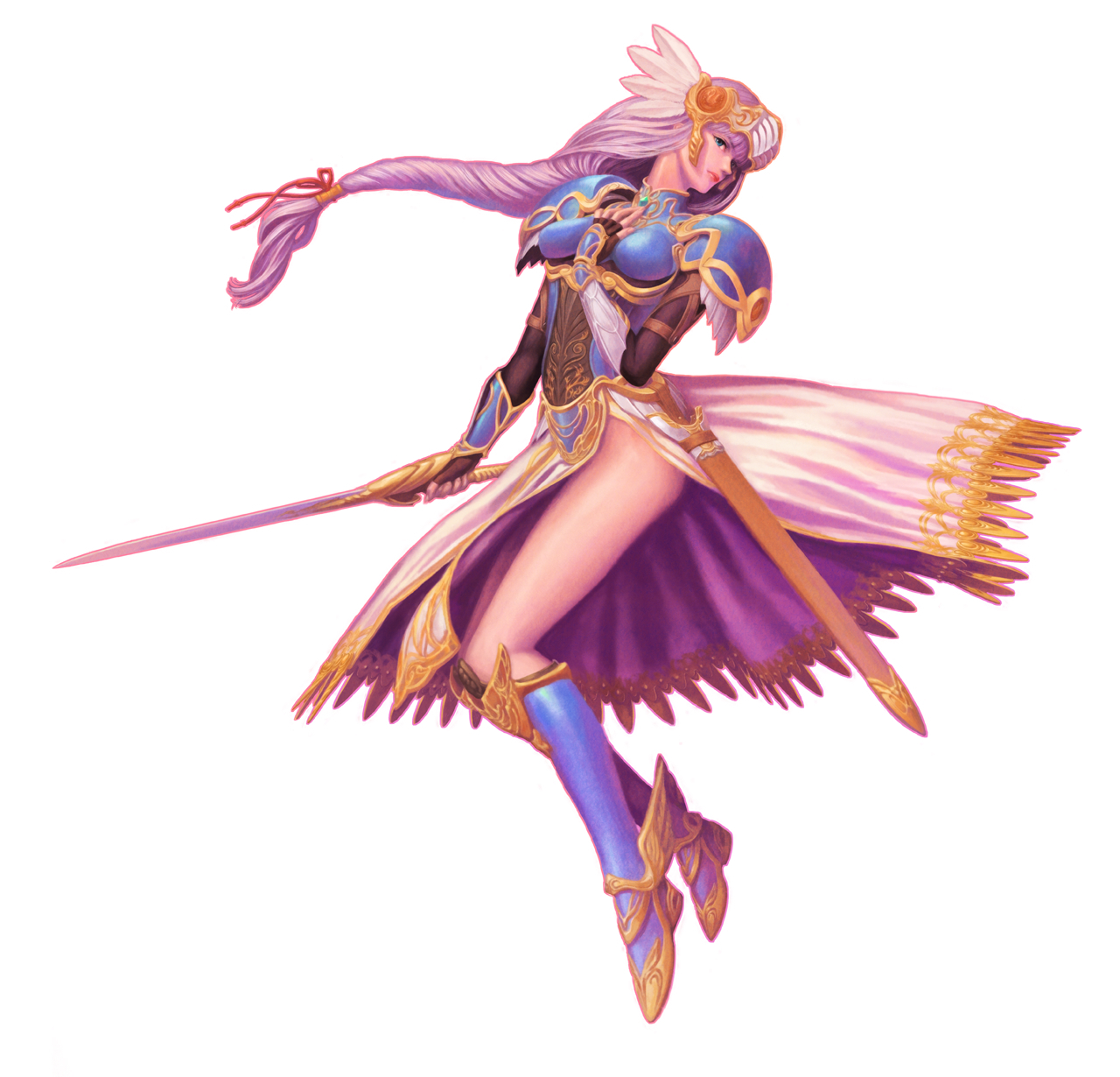 lenneth valkyrie, valkyrie profile: covenant of the plume, valkyrie profile (series), valkyrie profile 1, silver hair, highres, official art, 1girl, armor, armored dress, blue armor, dress, female focus, greaves, helmet, legs, long hair, low-tied long hair, ponytail, scabbard, sheath, solo, sword, valkyrie, very long hair, weapon, white background