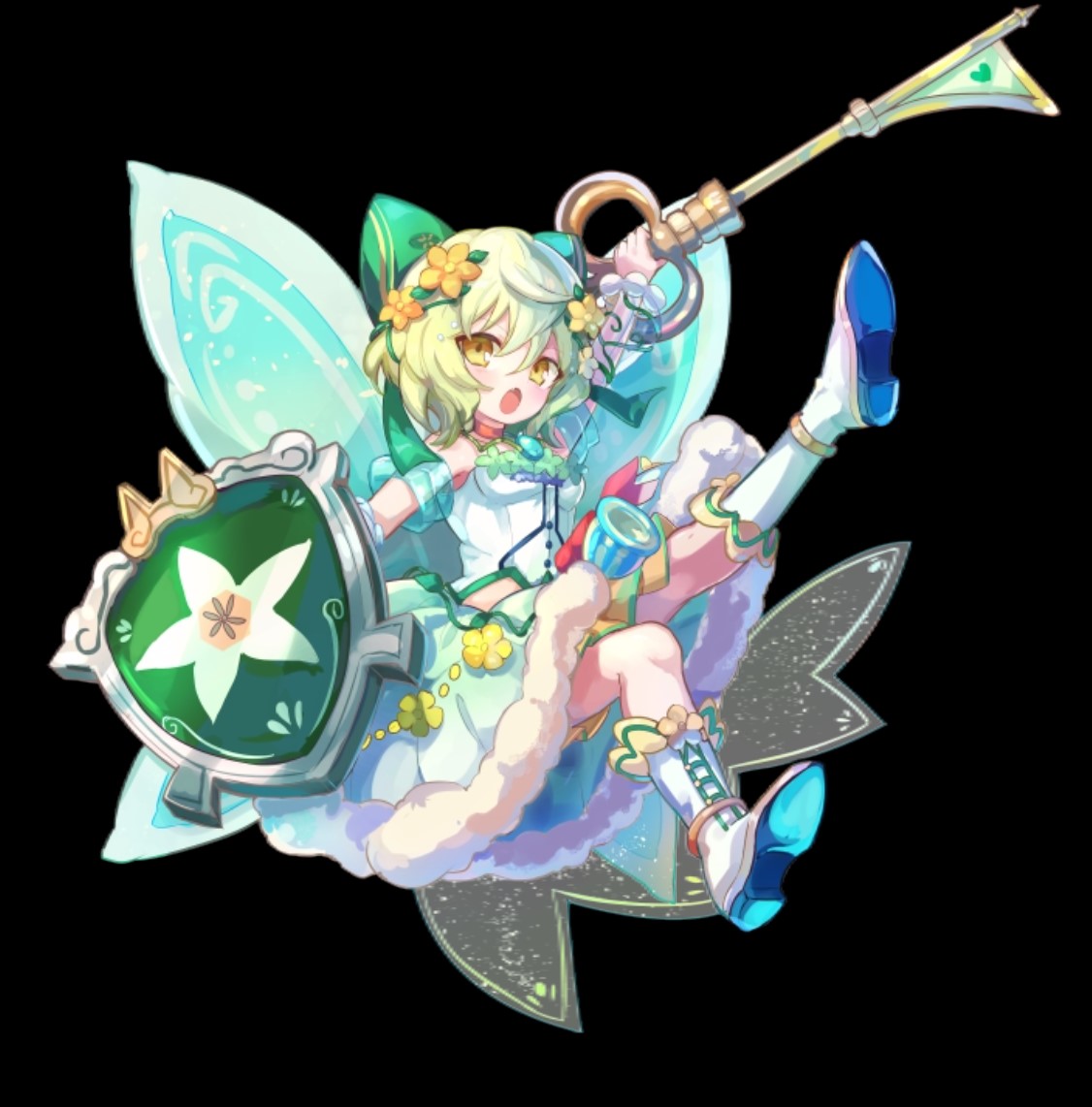 merc storia art team, merc storia, official art, 1girl, bell, black background, blush, bob cut, boots, bow, breasts, brown choker, choker, dress, flower, full body, green bow, hair between eyes, hair bow, hair flower, hair ornament, holding, holding key, holding shield, holding weapon, insect wings, key, knee boots, medium breasts, melolottia (merc storia), open mouth, shield, short hair, sidelocks, simple background, solo, standing, strapless, strapless dress, tachi-e, tsurime, weapon, white boots, white dress, wings, yellow eyes, yellow flower