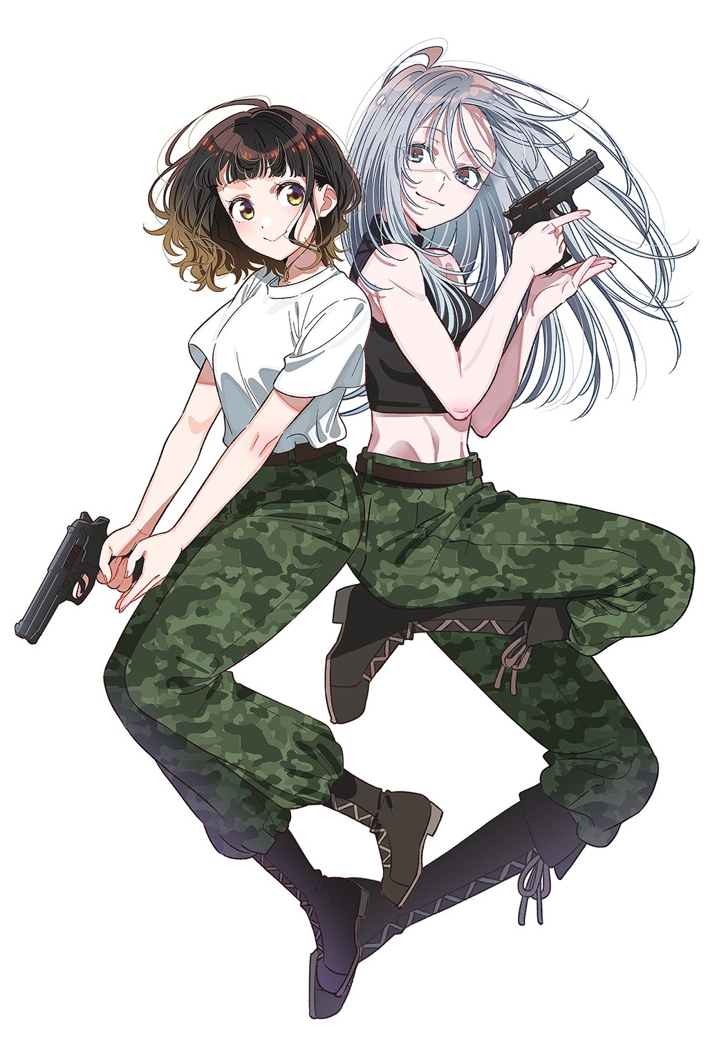 hirayama kanna, commentary request, highres, official art, second-party source, 2girls, bare arms, bare shoulders, belt, beretta 92, black boots, black shirt, boots, brown belt, brown hair, camouflage, camouflage pants, closed mouth, full body, green eyes, green pants, grey eyes, grey hair, gun, handgun, holding, holding gun, holding weapon, isumi rinko, long hair, midriff, mizusaki nagisa, multiple girls, pants, scar, scar on face, shimai youhei, shirt, shirt tucked in, short hair, simple background, sleeveless, sleeveless shirt, smile, trigger discipline, weapon, white background, white shirt