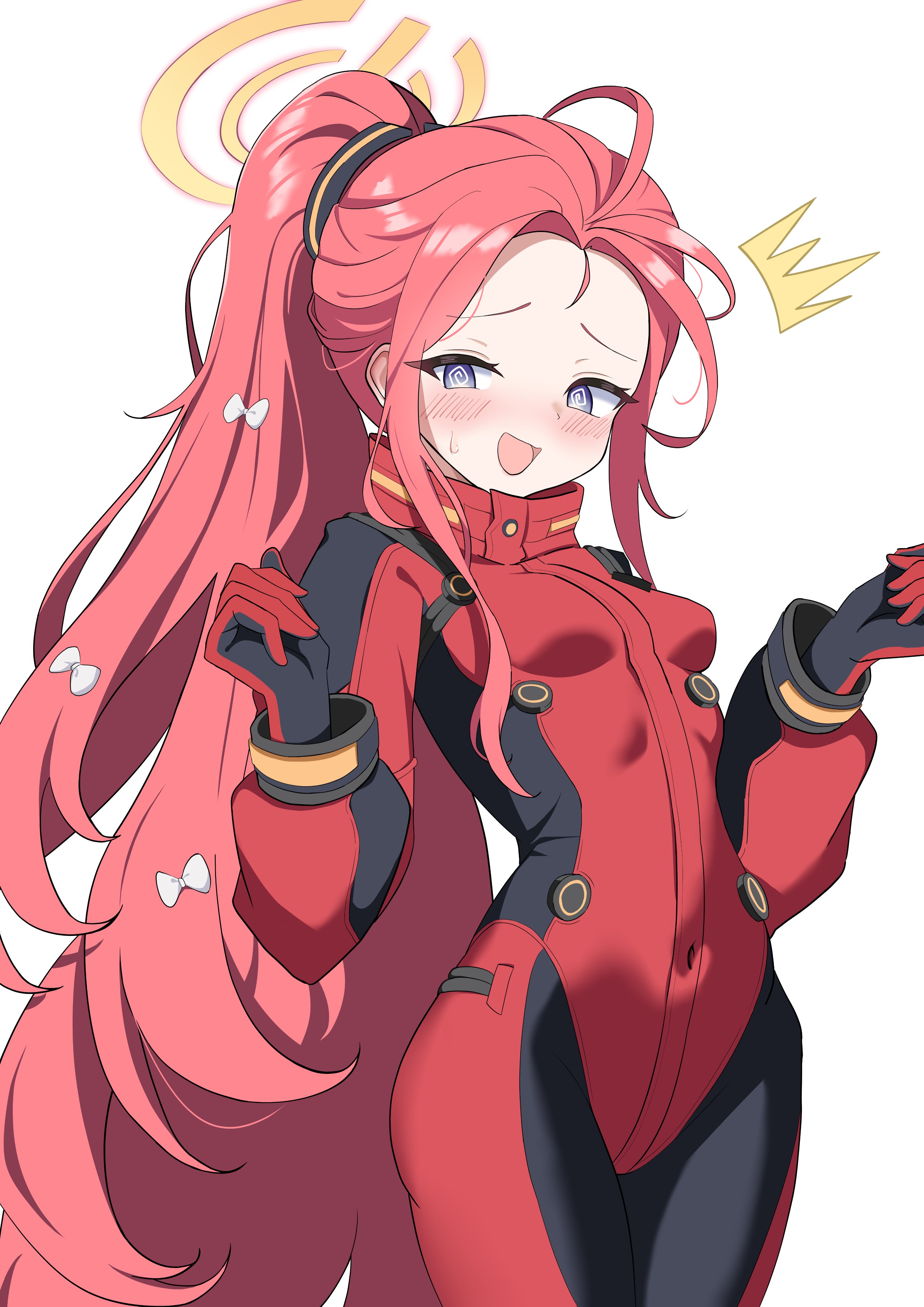 yuzu (blue archive), yuzu (pilot suit) (blue archive), blue archive, absurdres, commentary request, highres, 1girl, breasts, forehead, halo, long hair, marutoofu, open mouth, orange halo, red hair, simple background, small breasts, solo, very long hair, white background, yellow halo