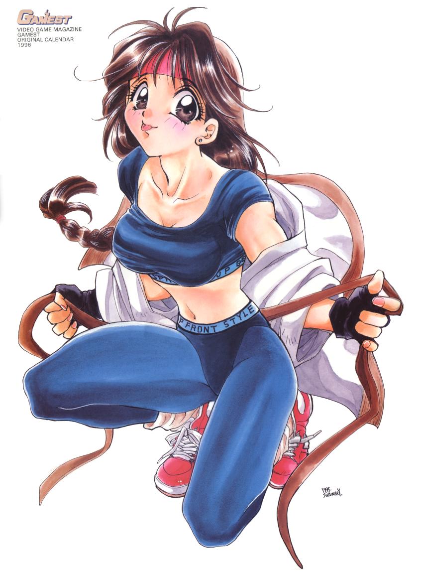 yuri sakazaki, ryuuko no ken, snk, the king of fighters, 1girl, :p, black hair, braid, brown hair, dougi, female focus, headband, solo, tongue, tongue out