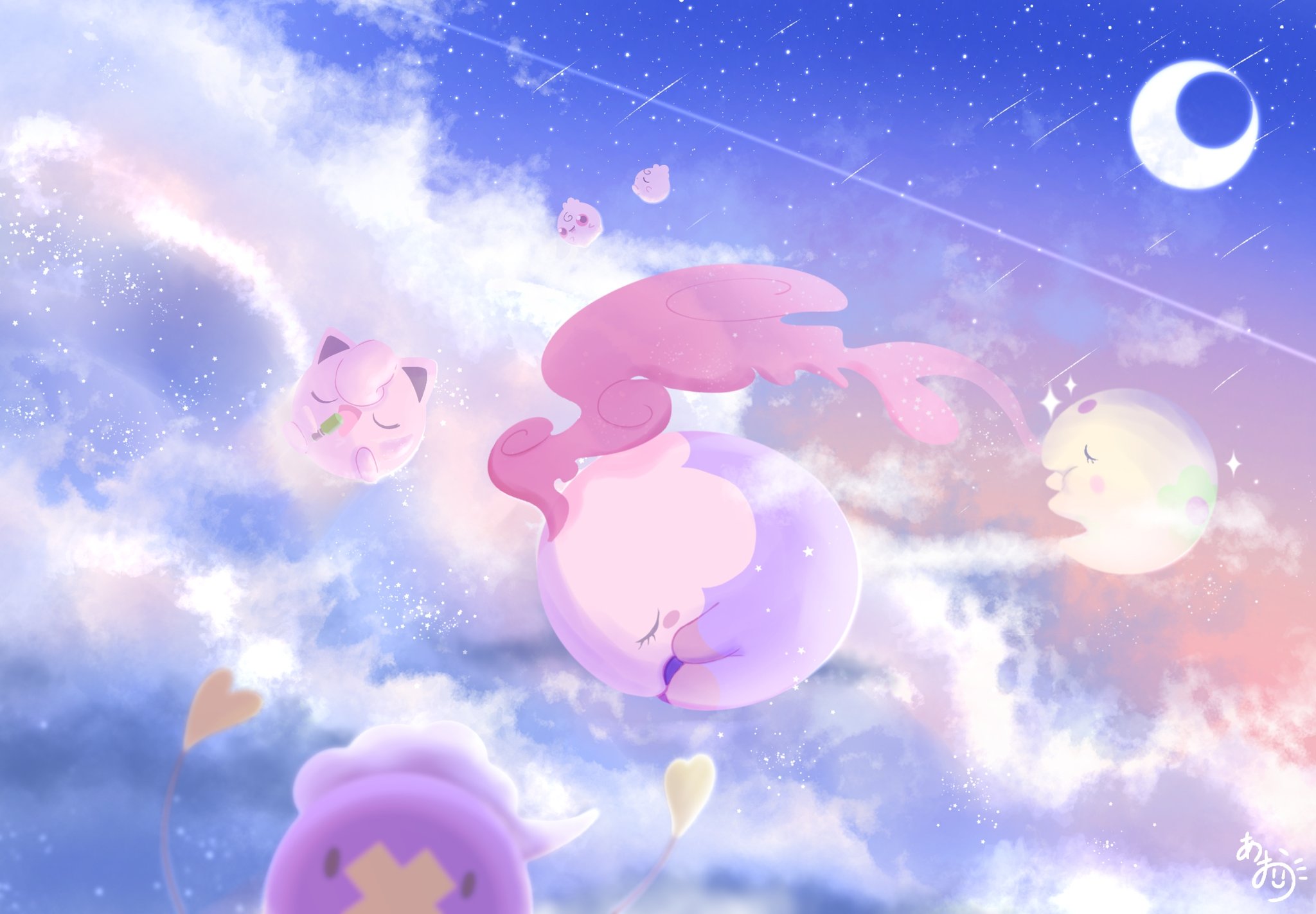 natu a0z0ra, drifloon, igglybuff, jigglypuff, munna, musharna, nintendo, pokemon, commentary request, highres, closed eyes, closed mouth, cloud, crescent moon, flying, gen 1 pokemon, gen 2 pokemon, gen 4 pokemon, gen 5 pokemon, holding, holding microphone, microphone, moon, no humans, open mouth, pokemon (creature), pokemon focus, red eyes, sky, smile, solid oval eyes, sparkle