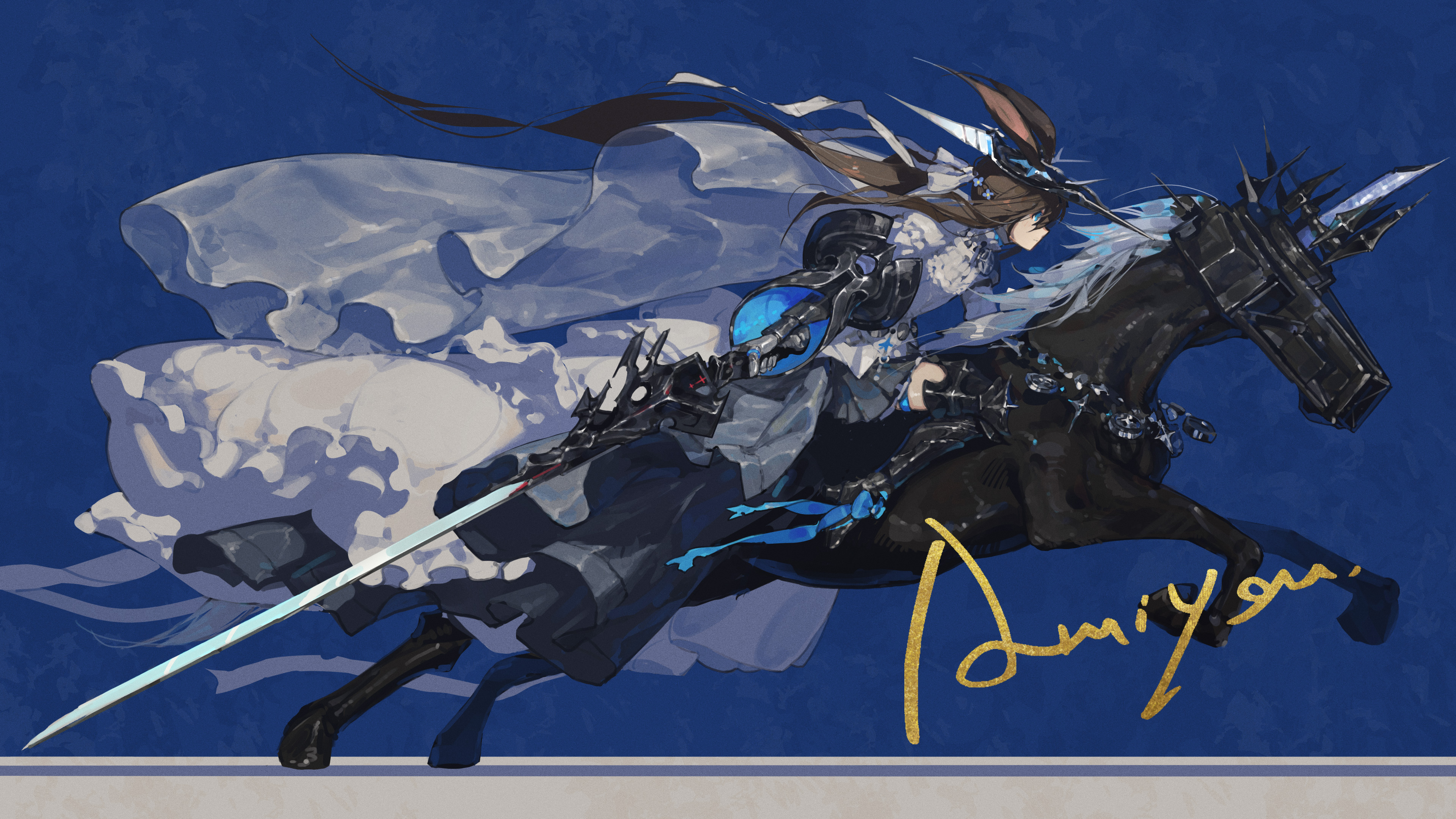 yolk (user sssk5878), amiya (arknights), amiya (guard) (arknights), amiya (guard) (in a myriad of universes) (arknights), arknights, absurdres, chinese commentary, commentary request, highres, 1girl, animal ears, armored boots, black boots, black gloves, black hat, black horse, blue background, blue bow, blue eyes, boots, bow, brown hair, character name, dress, from side, gloves, hat, holding, holding sword, holding weapon, horse, horseback riding, long hair, looking ahead, ponytail, profile, rabbit ears, rabbit girl, riding, robot horse, sitting, solo, sword, veil, weapon, white dress