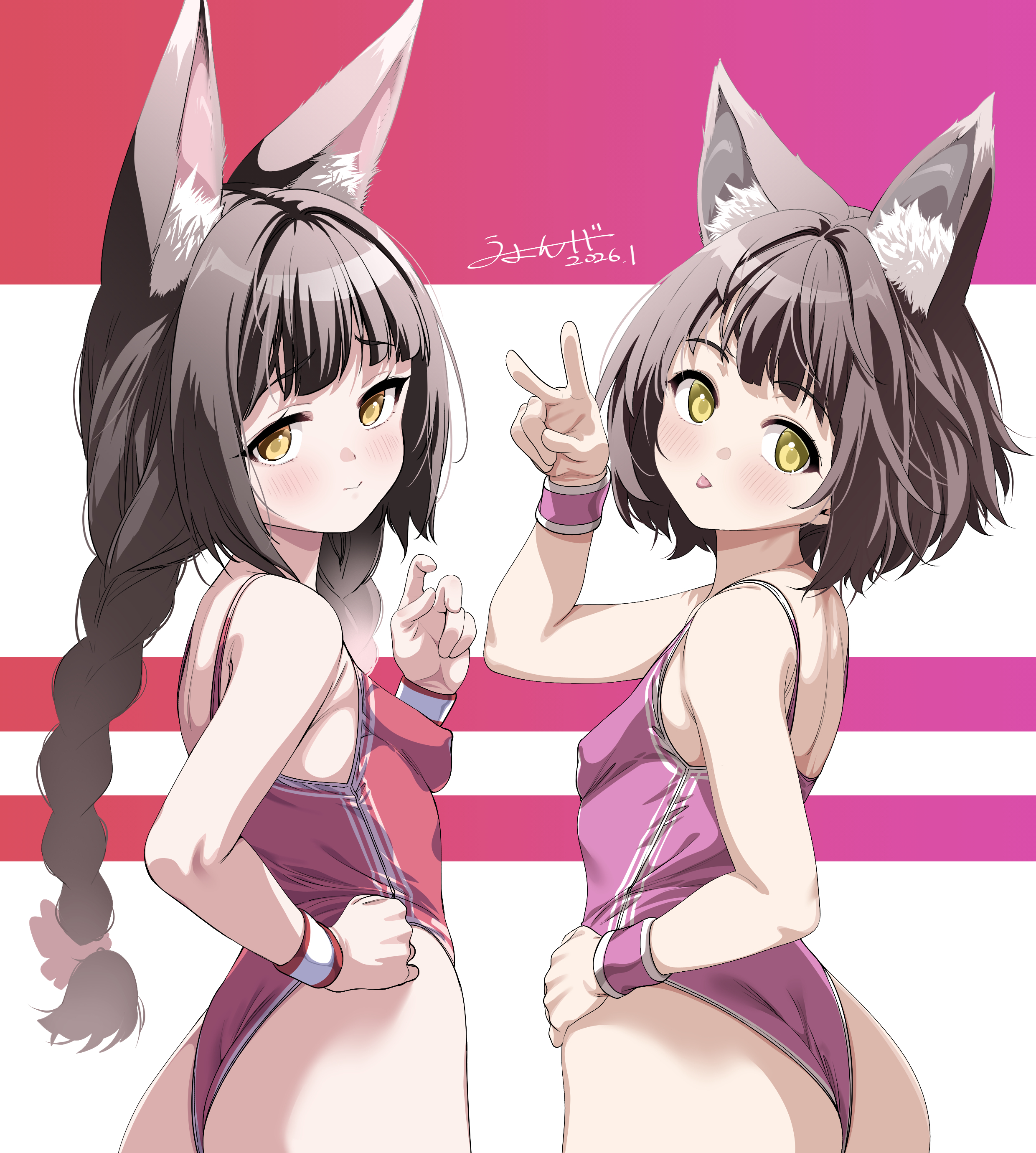 umyonge (lkakeu), mutsu (azur lane), nagato (azur lane), azur lane, absurdres, highres, 2girls, :p, animal ear fluff, animal ears, arm up, ass, braid, breasts, brown eyes, brown hair, fox ears, fox girl, from behind, hand on own hip, highleg, highleg leotard, leotard, long hair, looking at viewer, looking back, multiple girls, pink leotard, red leotard, short hair, small breasts, smile, thighs, tongue, tongue out, twin braids, upper body, v, wristband, yellow eyes