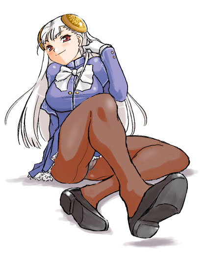 dr.p, ingrid (capcom), capcom, capcom fighting jam, silver hair, 1girl, crotch seam, female focus, gloves, hairpods, long hair, panties, panties under pantyhose, pantyhose, pantyshot, red eyes, solo, underwear, upskirt