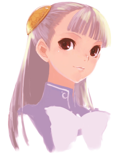 kawata hisashi, ingrid (capcom), capcom, capcom fighting jam, silver hair, uniform, 1girl, blunt bangs, bow, bowtie, female focus, hairpods, simple background, solo, upper body, white background, white bow, white bowtie