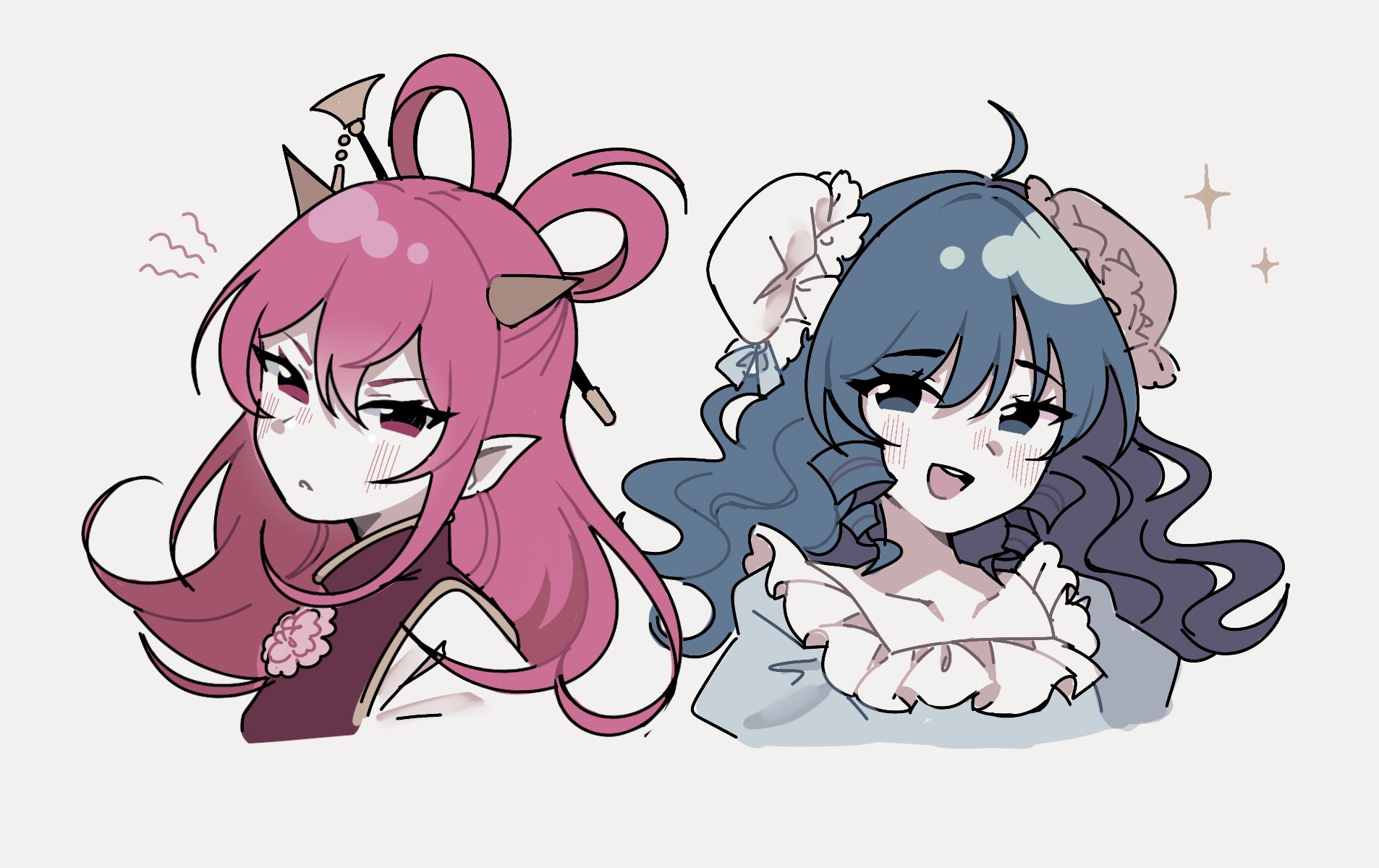 dreamysuite, ibaraki kasen, kaku seiga, touhou, commentary, english commentary, highres, 2girls, ahoge, alternate hairstyle, blue hair, blush, double bun, flower, hagoromo, hair bun, hairstyle switch, horns, long hair, multiple girls, pointy ears, portrait, red hair, shawl, simple background