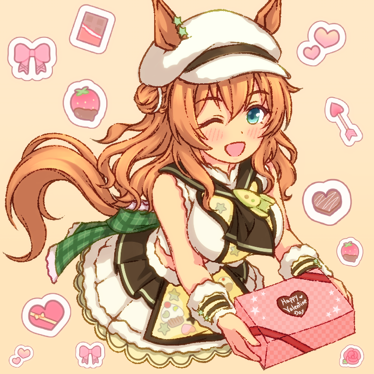 kaicho (kaicho p), taiki shuttle (umamusume), umamusume, commentary request, 1girl, animal ears, arrow (projectile), blonde hair, blue eyes, blush, bow, breasts, brown neckerchief, candy, chocolate, chocolate heart, ears through headwear, food, fruit, hair between eyes, hair bun, hat, heart, heart-shaped food, holding, horse ears, horse girl, horse tail, large breasts, long hair, looking at viewer, midriff, neckerchief, one eye closed, open mouth, pastry box, pink bow, shirt, skirt, sleeveless, sleeveless shirt, smile, star (symbol), strawberry, taiki shuttle (baa baa patisserie) (umamusume), tail, white skirt
