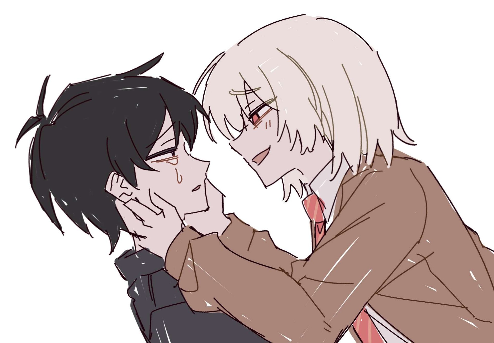 akinashi haru, tatsunami shion, saihate eki, hashtag-only commentary, highres, 2boys, black hair, black jacket, brown jacket, collared shirt, crying, dress shirt, eye contact, from side, ggppa, grin, hands on another's cheeks, hands on another's face, jacket, leaning back, leaning forward, looking at another, male focus, multiple boys, necktie, red eyes, red necktie, shirt, simple background, smile, tears, upper body, white background, white hair, white shirt