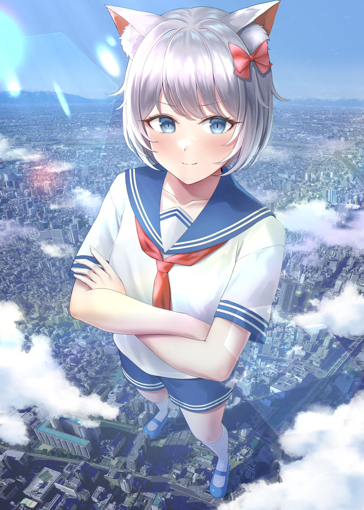 numaguro (tomokun0808), original, commentary request, commission, highres, skeb commission, 1girl, blue sailor collar, bow, building, cat girl, city, cloud, fluffy, from above, giant, giantess, hydrocatvt (vtuber), looking at viewer, mountain, red bow, road, sailor collar, standing, white hair