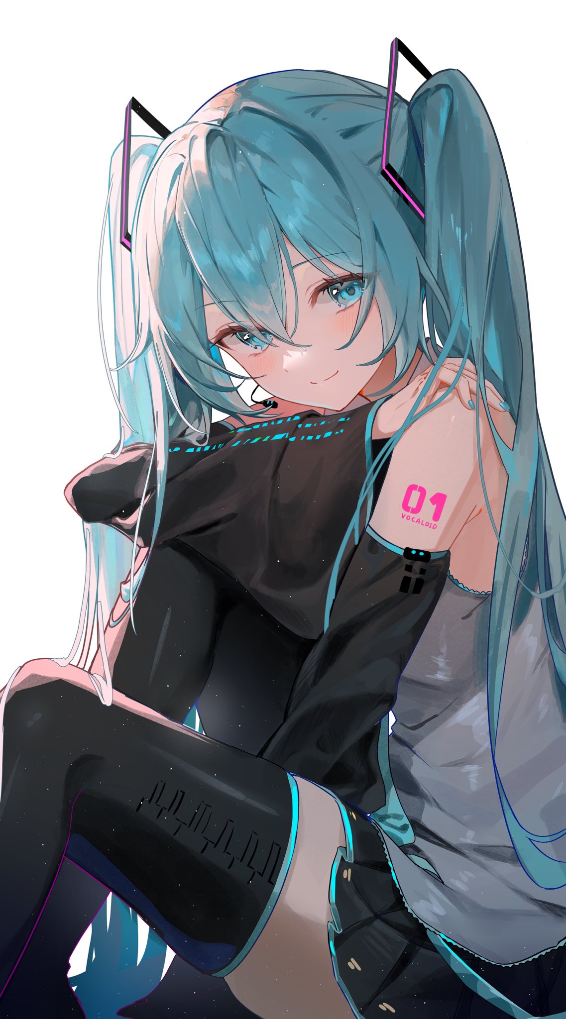 luna (luna610), hatsune miku, vocaloid, hashtag-only commentary, highres, 1girl, aqua belt, aqua eyes, aqua hair, aqua nails, aqua necktie, aqua trim, bare shoulders, belt, black boots, black skirt, black sleeves, boots, collared shirt, copyright name, detached sleeves, double-parted bangs, eyes visible through hair, fingernails, grey shirt, hair between eyes, hair ornament, hand on own shoulder, headset, light smile, loose belt, miniskirt, nail polish, necktie, number tattoo, shirt, shoulder tattoo, sitting, skirt, sleeveless, sleeveless shirt, solo, tattoo, thigh boots, thighhighs, twintails, zettai ryouiki