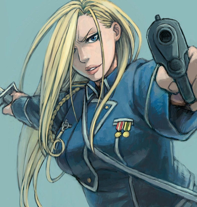 mukuo, olivier mira armstrong, fullmetal alchemist, 00s, 1girl, aiguillette, aiming, aiming at viewer, blonde hair, blue eyes, dual wielding, female focus, gun, hair over one eye, handgun, holding, lips, long hair, mature female, military, military uniform, pistol, simple background, smile, solo, weapon