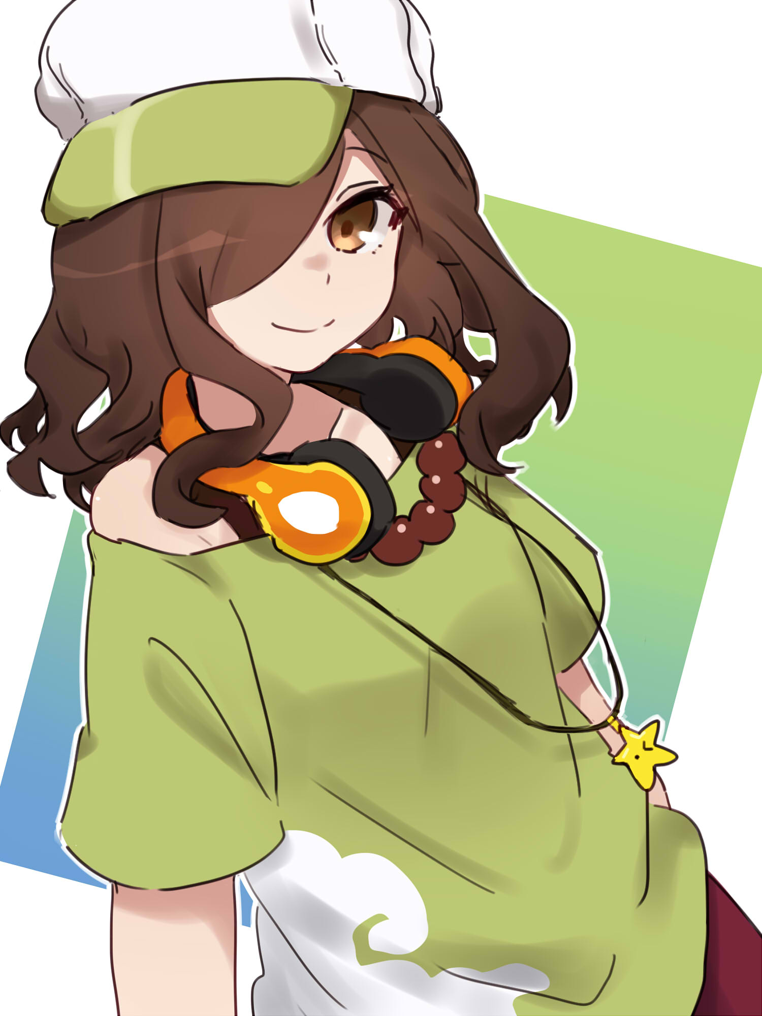 tsugumi (tgm 615486), gaen izuko, bakemonogatari, monogatari (series), commentary request, highres, 1girl, bead necklace, beads, brown eyes, brown hair, green hat, green shirt, hair over one eye, hat, headphones, headphones around neck, jewelry, long hair, necklace, prayer beads, shirt, sideways hat, single bare shoulder, smile, solo, star (symbol)