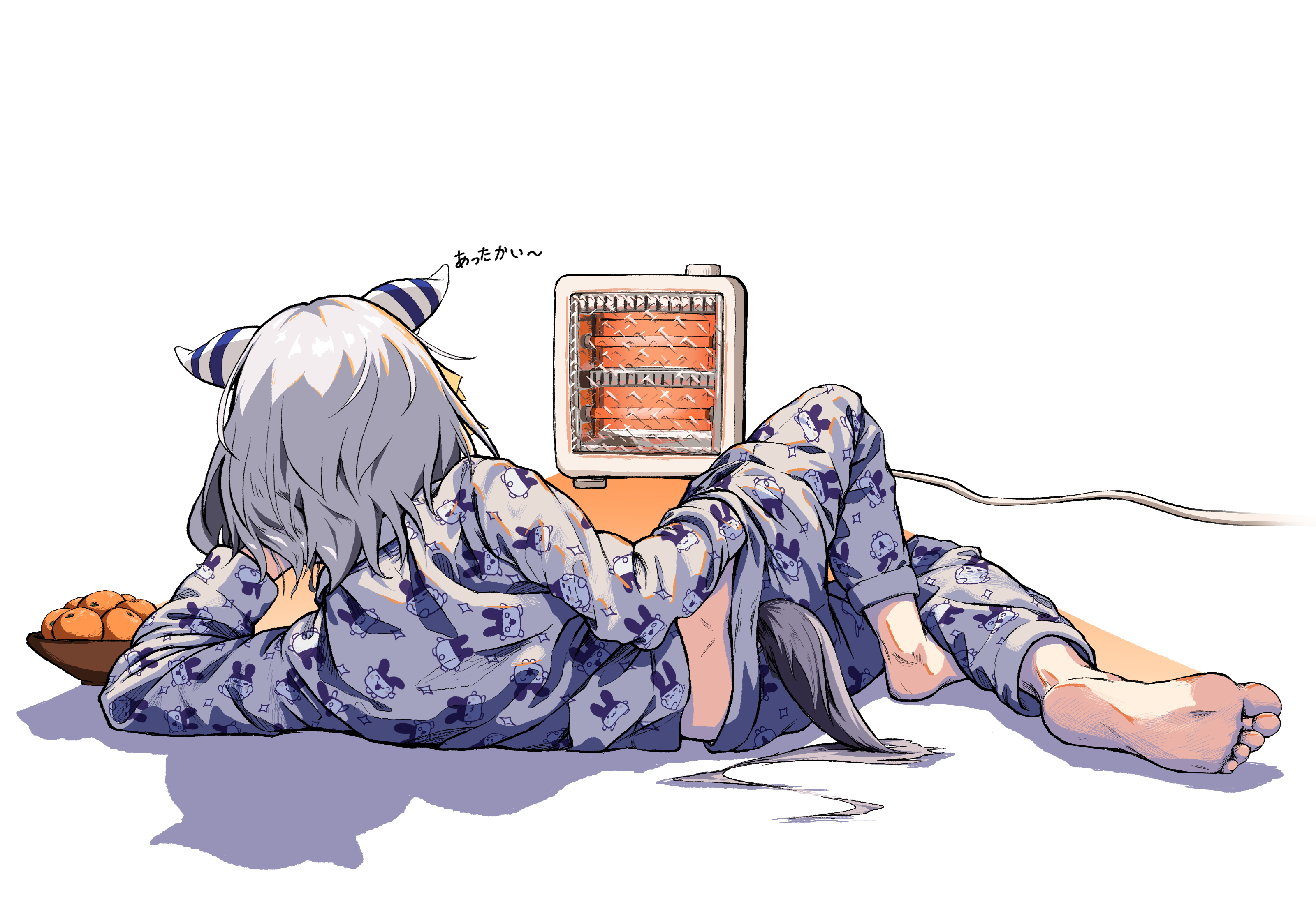 kanran (k han ran), hishi miracle (umamusume), umamusume, absurdres, commentary request, highres, 1girl, animal ears, barefoot, bowl, ear covers, food, from behind, fruit, grey hair, grey pants, grey shirt, horse ears, horse girl, horse tail, long sleeves, lying, mandarin orange, medium hair, on side, pajamas, pants, shirt, solo, space heater, tail