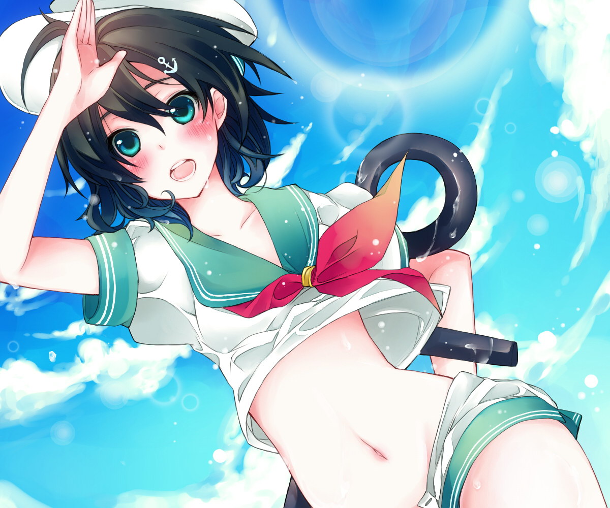sanada nako, murasa minamitsu, touhou, bad id, bad pixiv id, 1girl, anchor, black hair, blush, dutch angle, female focus, hair ornament, hat, midriff, navel, outdoors, sailor, short hair, shorts, sky, solo, wet