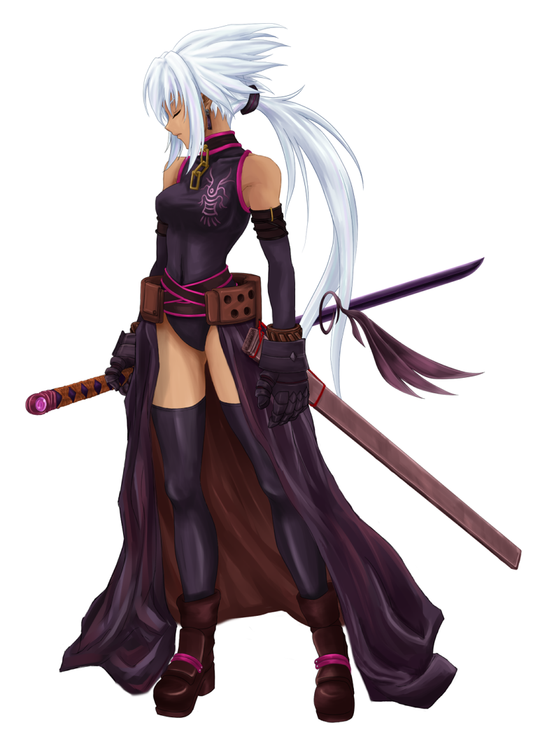 hizumi (s05a1064), uruka, eien no aselia, eternity sword series, 1girl, belt, chain, closed eyes, collar, dark-skinned female, dark skin, earrings, elbow gloves, female focus, gauntlets, gloves, jewelry, leash, long hair, ponytail, scabbard, sheath, solo, sword, thighhighs, uruka blackspirit, weapon, white hair