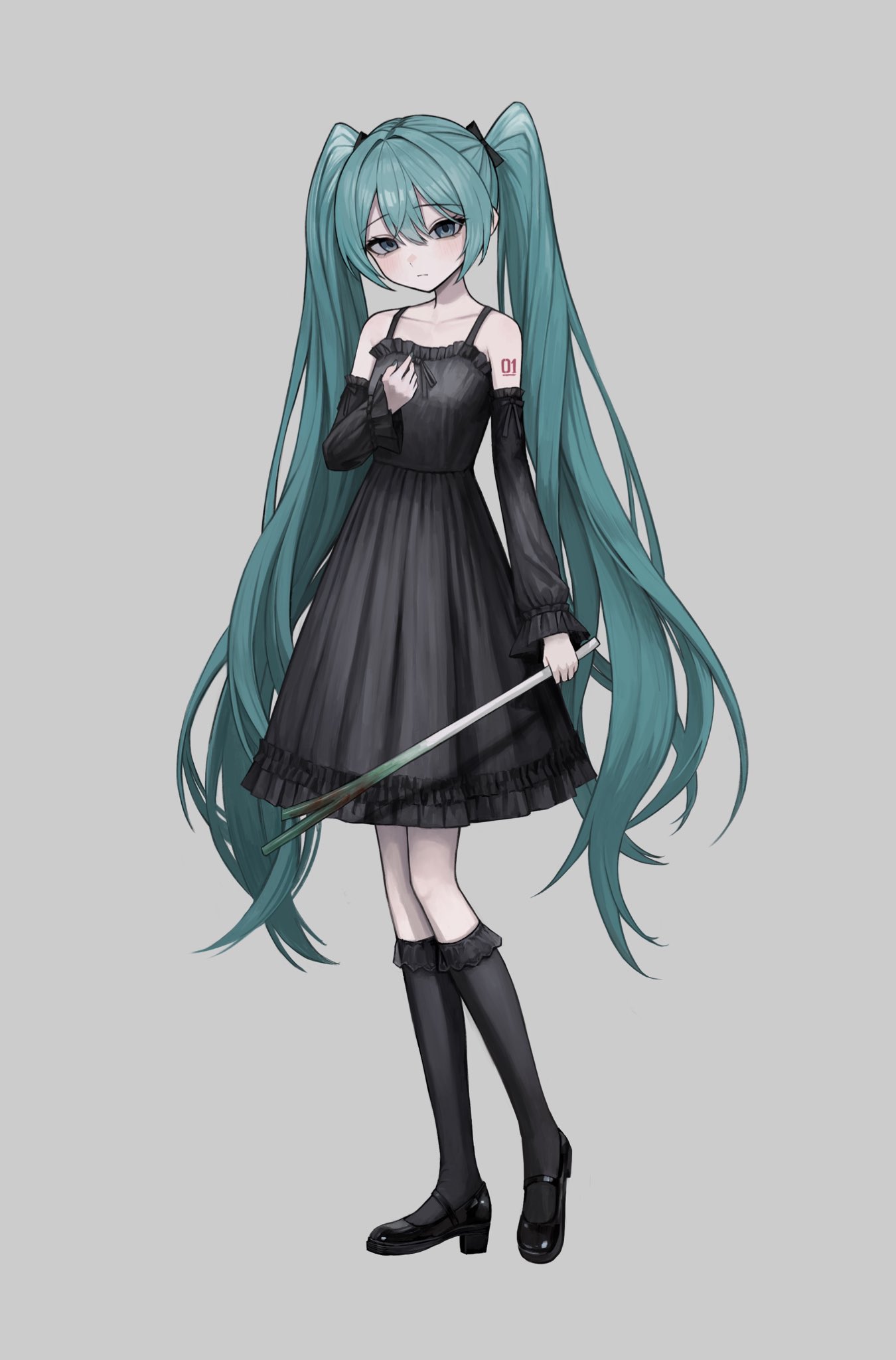 sakiika0513, hatsune miku, vocaloid, highres, 1girl, alternate costume, alternate footwear, aqua eyes, aqua hair, aqua nails, bare shoulders, black bow, black dress, black shoes, black sleeves, black socks, bow, closed mouth, collarbone, detached sleeves, double-parted bangs, dress, fingernails, food, full body, grey background, hair between eyes, hair bow, hand on own chest, high heels, holding, holding food, holding spring onion, holding vegetable, kneehighs, long hair, mary janes, medium dress, number tattoo, shoes, shoulder tattoo, socks, spring onion, tattoo, twintails, vegetable, very long hair