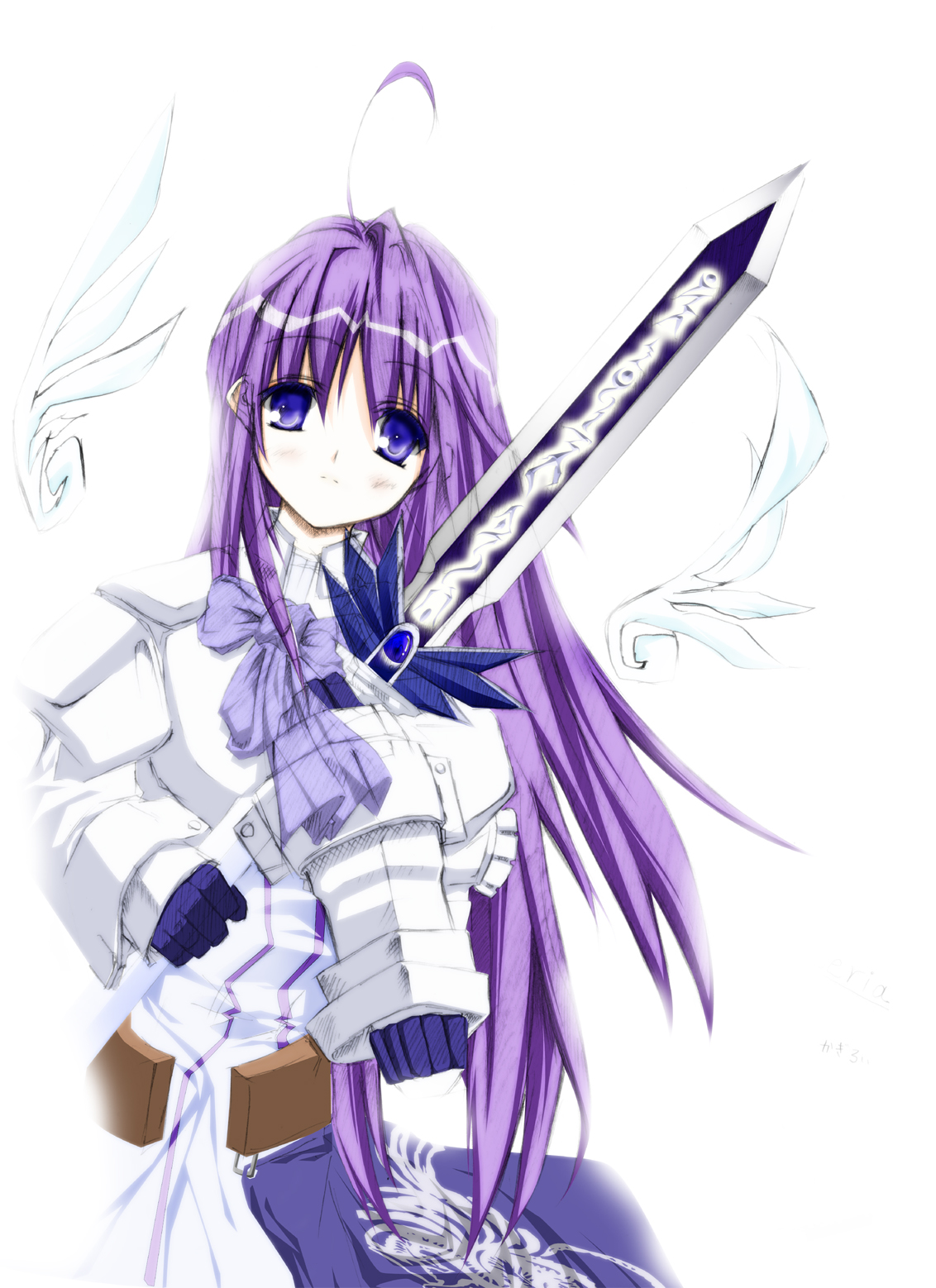 aselia bluespirit, eien no aselia, eternity sword series, highres, 1girl, ahoge, armor, armored dress, blue eyes, dress, female focus, gauntlets, long hair, purple hair, solo, sword, weapon, white background, wings