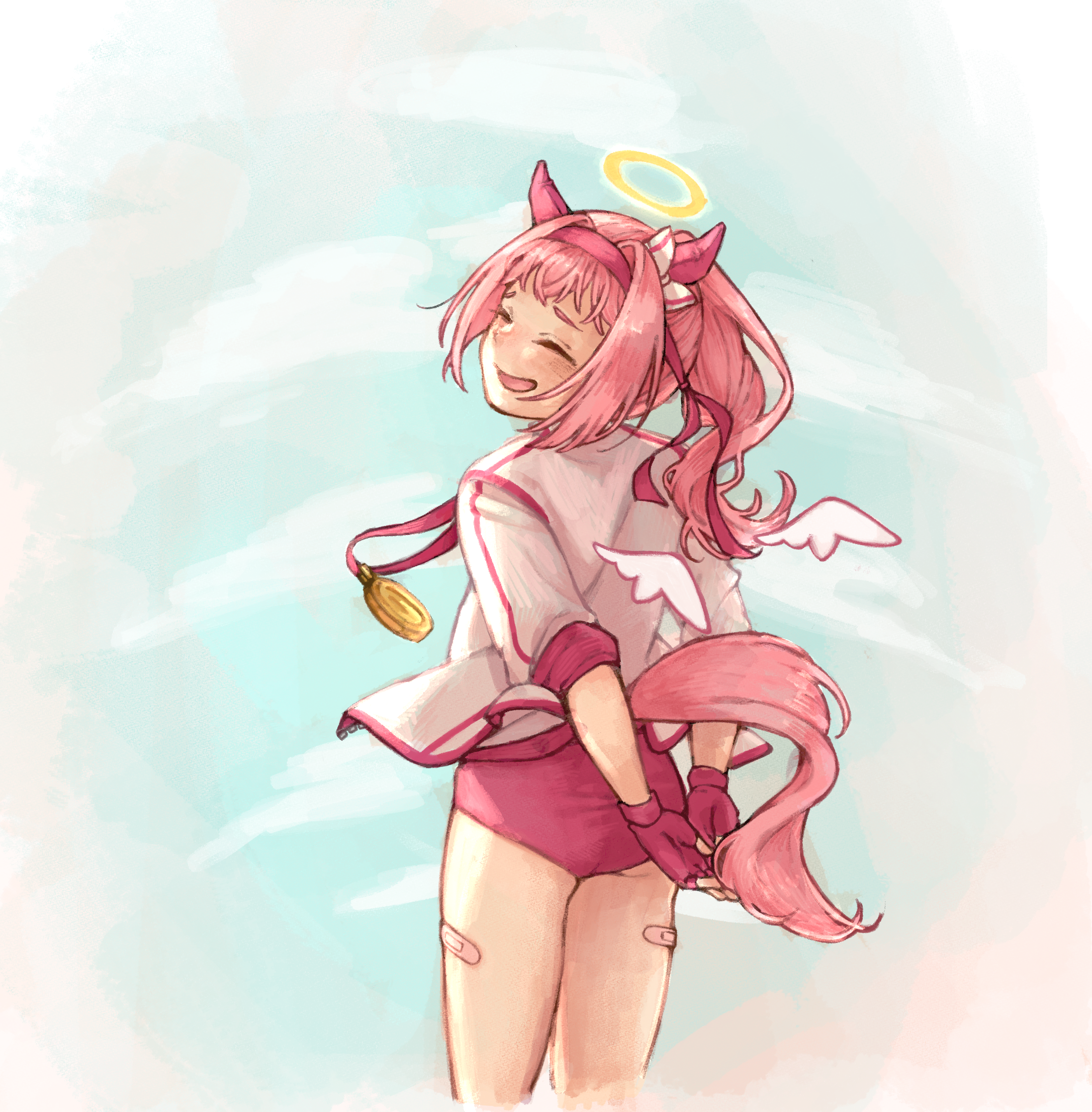 shankkei, haru urara (bestest prize) (umamusume), haru urara (umamusume), umamusume, commentary, highres, 1girl, animal ears, bandaid, bandaid on leg, blush, bow, buruma, closed eyes, ear covers, fingerless gloves, from behind, gloves, gold medal, halo, headband, horse ears, horse girl, horse tail, jacket, long hair, open mouth, pink buruma, pink hair, pink headband, ponytail, red buruma, red gloves, red headband, smile, solo, tail, white jacket, wings