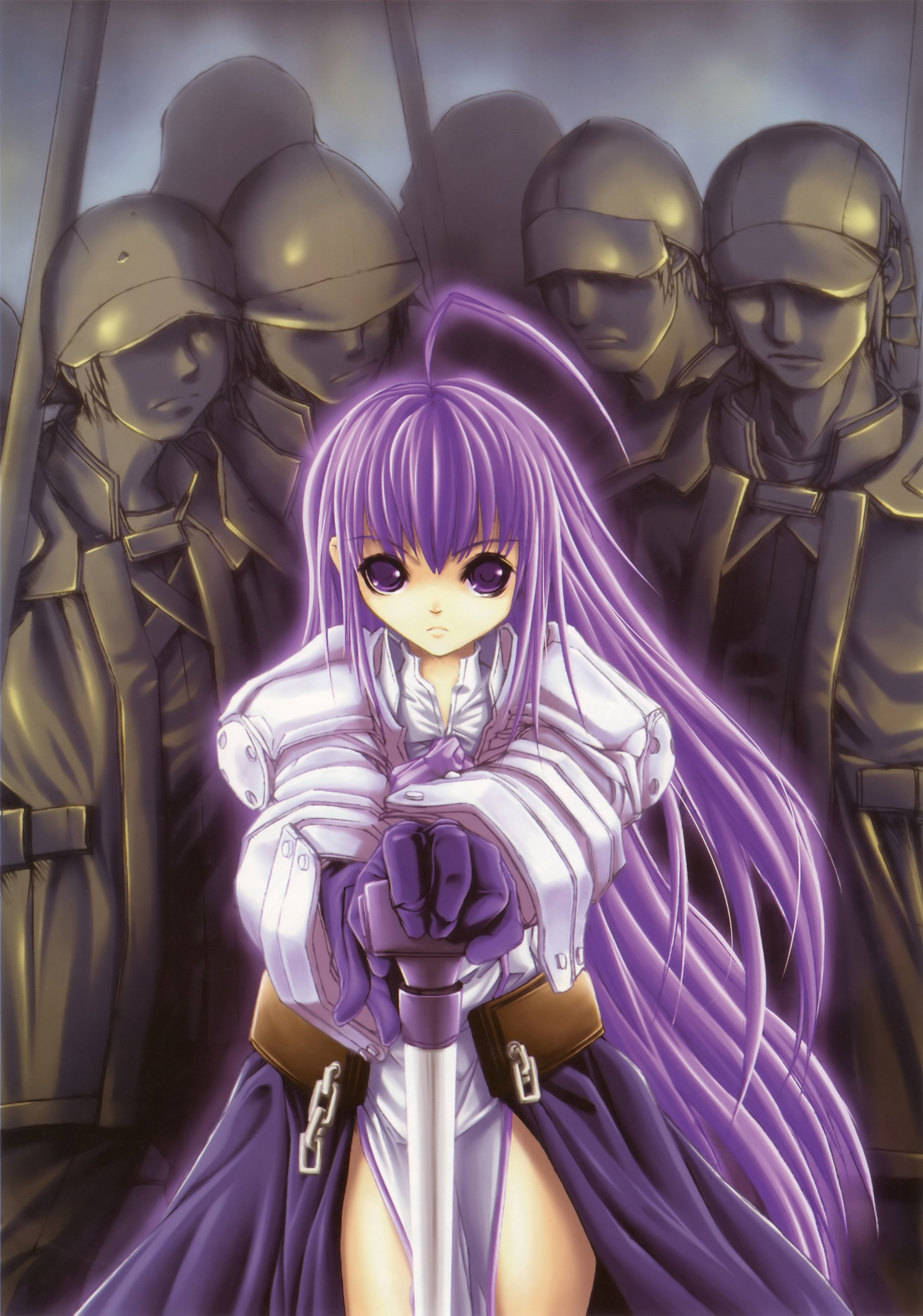 hitomaru, aselia bluespirit, eien no aselia, eternity sword series, absurdres, highres, official art, scan, 1girl, ahoge, armor, armored dress, chair, dress, faceless, faceless male, frown, gloves, helmet, loincloth, long hair, military, military uniform, purple eyes, purple hair, standing, sword, thighs, very long hair, weapon