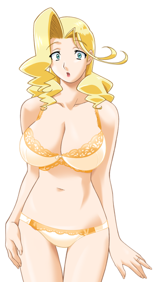 gan-chan (artist), sophie andrea yukitou, hitozuma sentai aisaiger, game cg, large variant set, non-web source, official art, variant set, 1girl, :o, aqua eyes, blonde hair, blue eyes, bra, breasts, cleavage, collarbone, cowboy shot, curly hair, jewelry, lace, lace-trimmed bra, lace-trimmed panties, lace trim, large breasts, lingerie, long hair, looking at viewer, makeup, mature female, navel, open mouth, panties, ring, solo, standing, surprised, thigh gap, transparent background, underwear, underwear only, wedding ring, wide-eyed, yellow bra, yellow panties