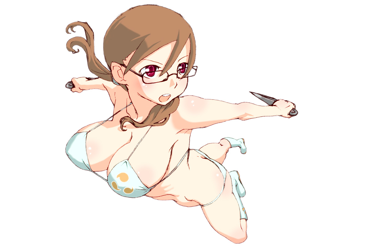 oono tsutomu, original, 1girl, bikini, boots, breasts, brown hair, female focus, full body, glasses, knife, kunai, large breasts, red eyes, simple background, solo, swimsuit, twintails, weapon, white background, white bikini