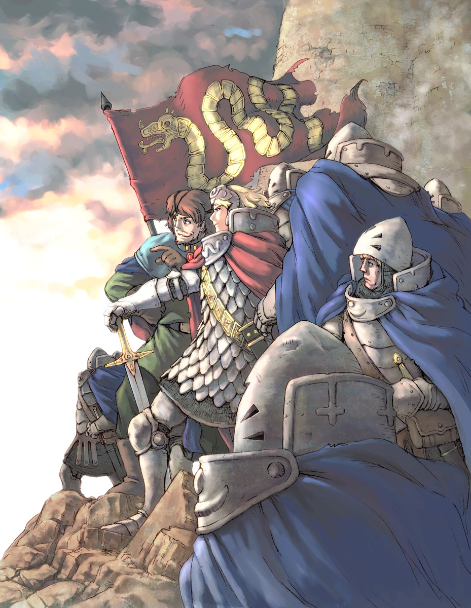 oono tsutomu, kurotowa, kushana, kaze no tani no nausicaa, studio ghibli, 1980s (style), highres, 1girl, 6+boys, armor, banner, blonde hair, brown hair, cape, flag, forehead protector, gauntlets, greaves, hand on hilt, helmet, knight, looking afar, manly, multiple boys, oldschool, retro artstyle, scale armor, soldier, sword, tutotuto, weapon