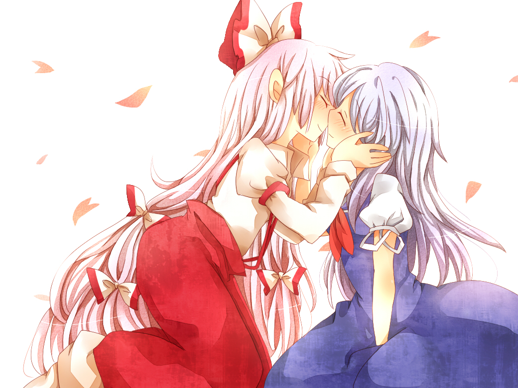 zawameki, fujiwara no mokou, kamishirasawa keine, touhou, silver hair, 2girls, blue hair, blush, bow, closed eyes, female focus, hair bow, hair ribbon, head hold, imminent kiss, long hair, multiple girls, petals, ribbon, yuri