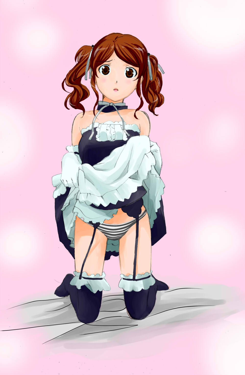 poo77, nakata sae, amagami, highres, 1girl, bare shoulders, clothes lift, female focus, full body, garter belt, gradient background, panties, short twintails, skirt, skirt lift, solo, striped clothes, striped panties, thighhighs, twintails, underwear