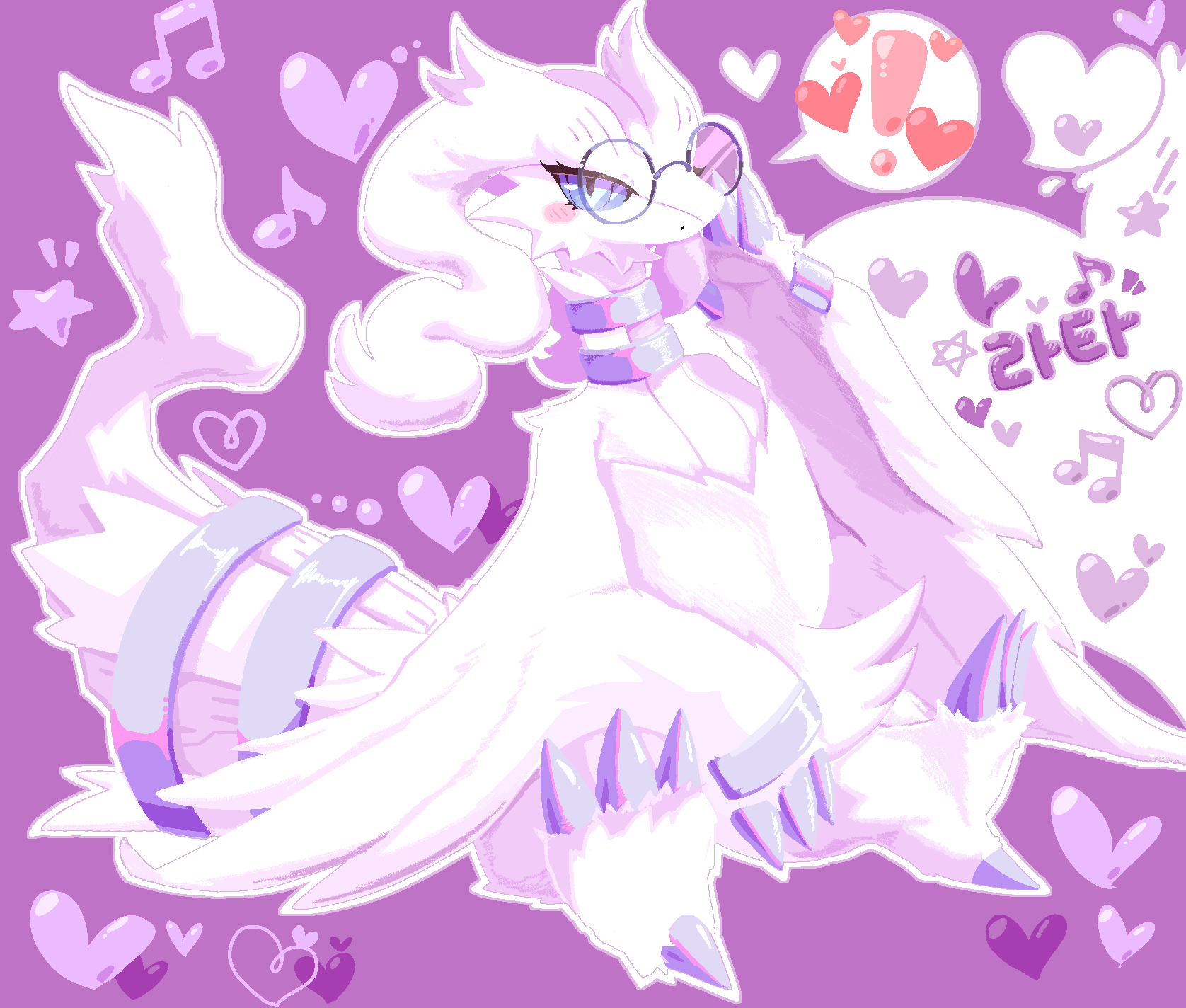 ttrtag, reshiram, nintendo, pokemon, commentary request, commission, highres, korean commentary, translation request, !, bespectacled, blue eyes, closed mouth, gen 5 pokemon, glasses, heart, korean text, legendary pokemon, looking at viewer, no humans, pokemon (creature), purple background, round eyewear, sitting, speech bubble, spoken exclamation mark