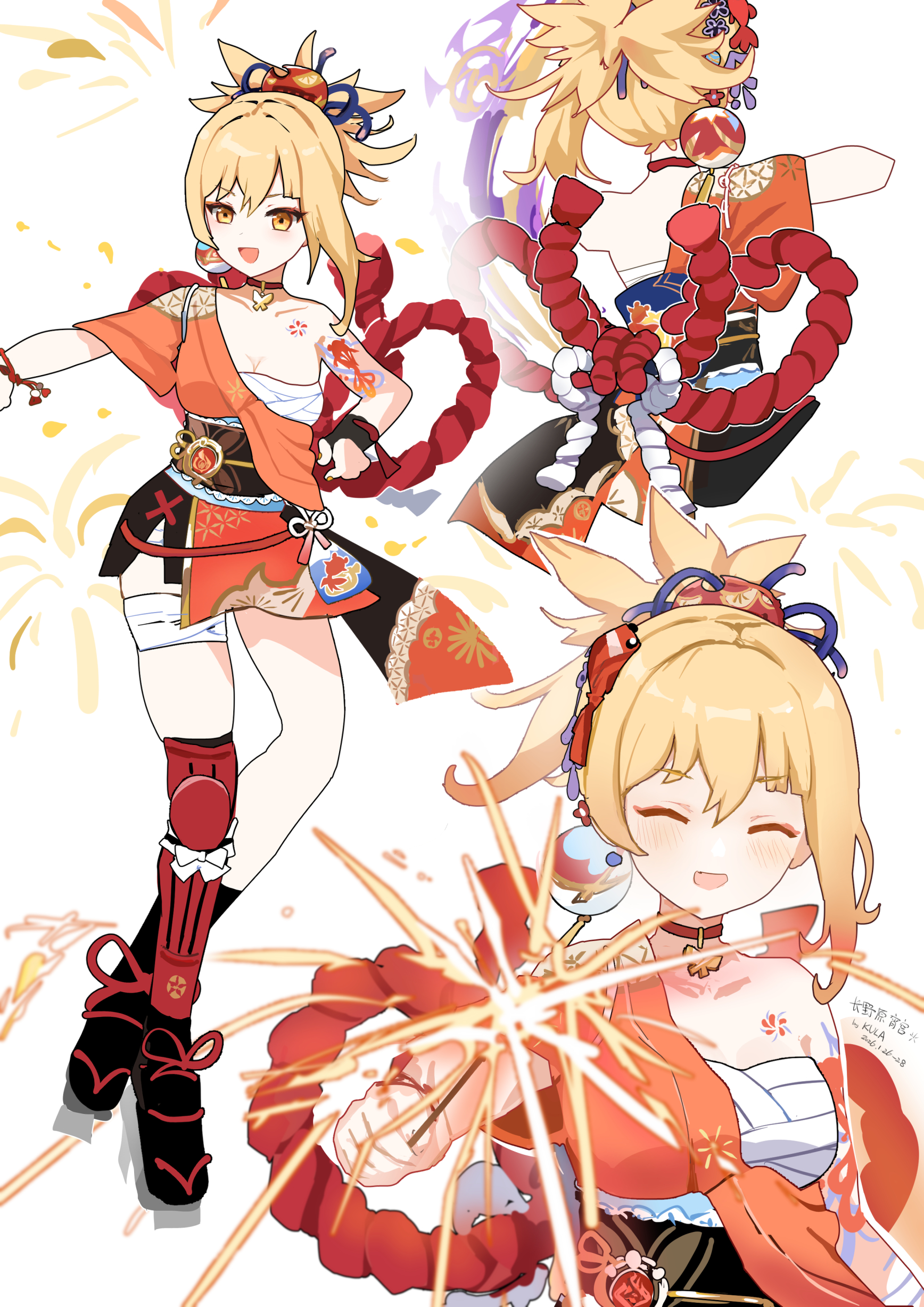 kkkula (kula), yoimiya (genshin impact), genshin impact, absurdres, commentary, highres, 1girl, artist name, asymmetrical legwear, black sash, black socks, black thighhighs, blonde hair, bracelet, breasts, chest sarashi, choker, collarbone, dated, fireworks, fish hair ornament, fish tattoo, flower tattoo, geta, hadanugi dousa, hair ornament, holding, holding fireworks, japanese clothes, jewelry, kimono, kneehighs, long hair, medium breasts, multiple views, obi, obiage, obijime, open kimono, open mouth, orange kimono, ponytail, red choker, rope, sarashi, sash, shimenawa, shin guards, short kimono, shoulder tattoo, simple background, socks, sparkler, tattoo, thighhighs, vision (genshin impact), white background, yellow eyes